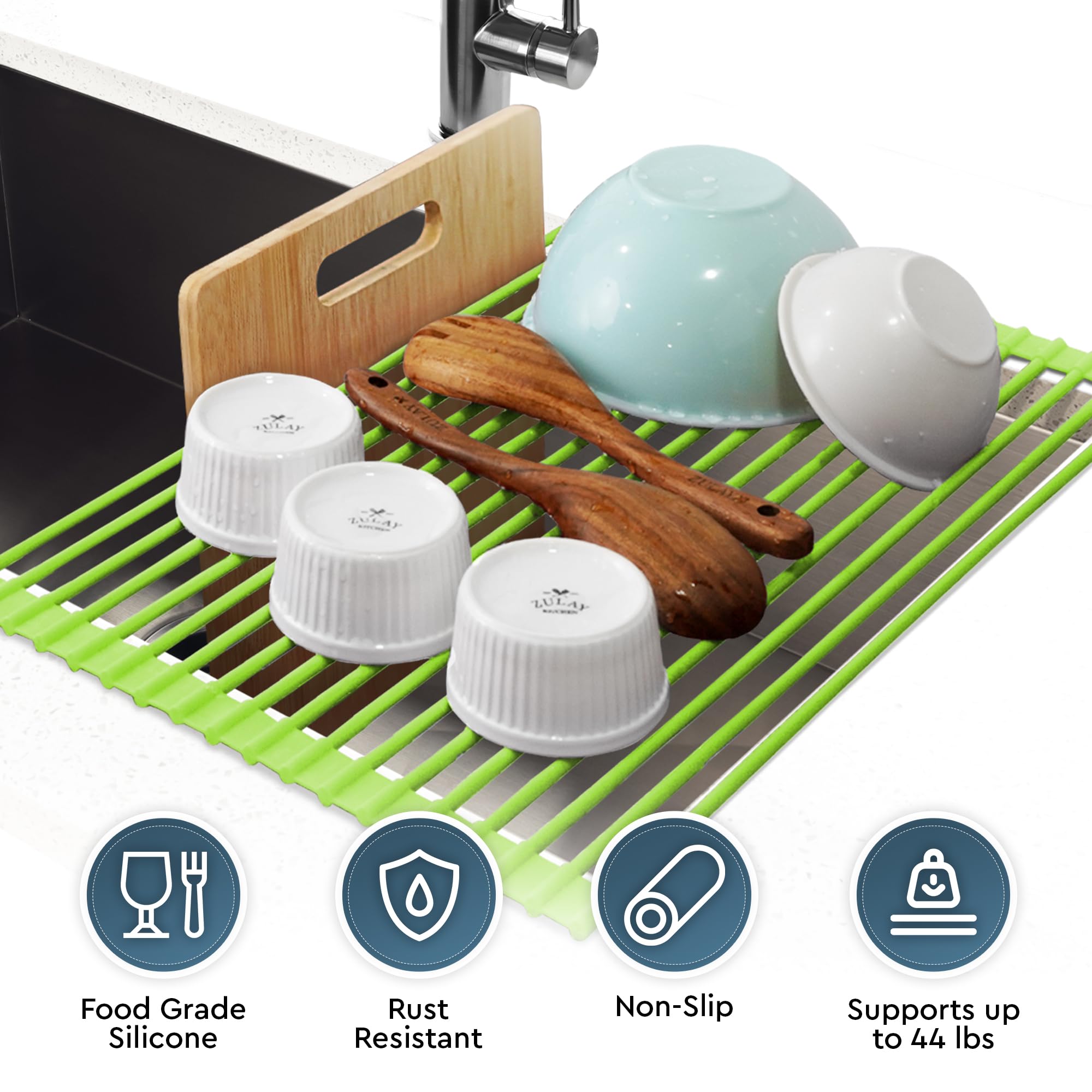 Zulay Kitchen Large Roll Up Dish Drying Rack - Heavy Duty Silicone Wrapped Steel Rods Over Sink Dish Drying Rack - Versatile Roll Up Sink Drying Rack & Trivet - Green, 20.5 x 13 Inches - Perfect for Small Kitchens, Apartments, and RV Use
