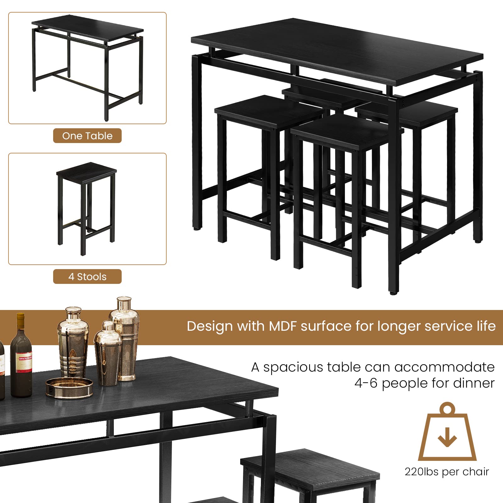 Modern 5-Piece Dining Table Set for 4 with Wooden Top & Adjustable Metal Legs - Compact Kitchen Table and Chairs for Small Spaces - Perfect for Apartments, Breakfast Nooks & Cozy Dining Areas