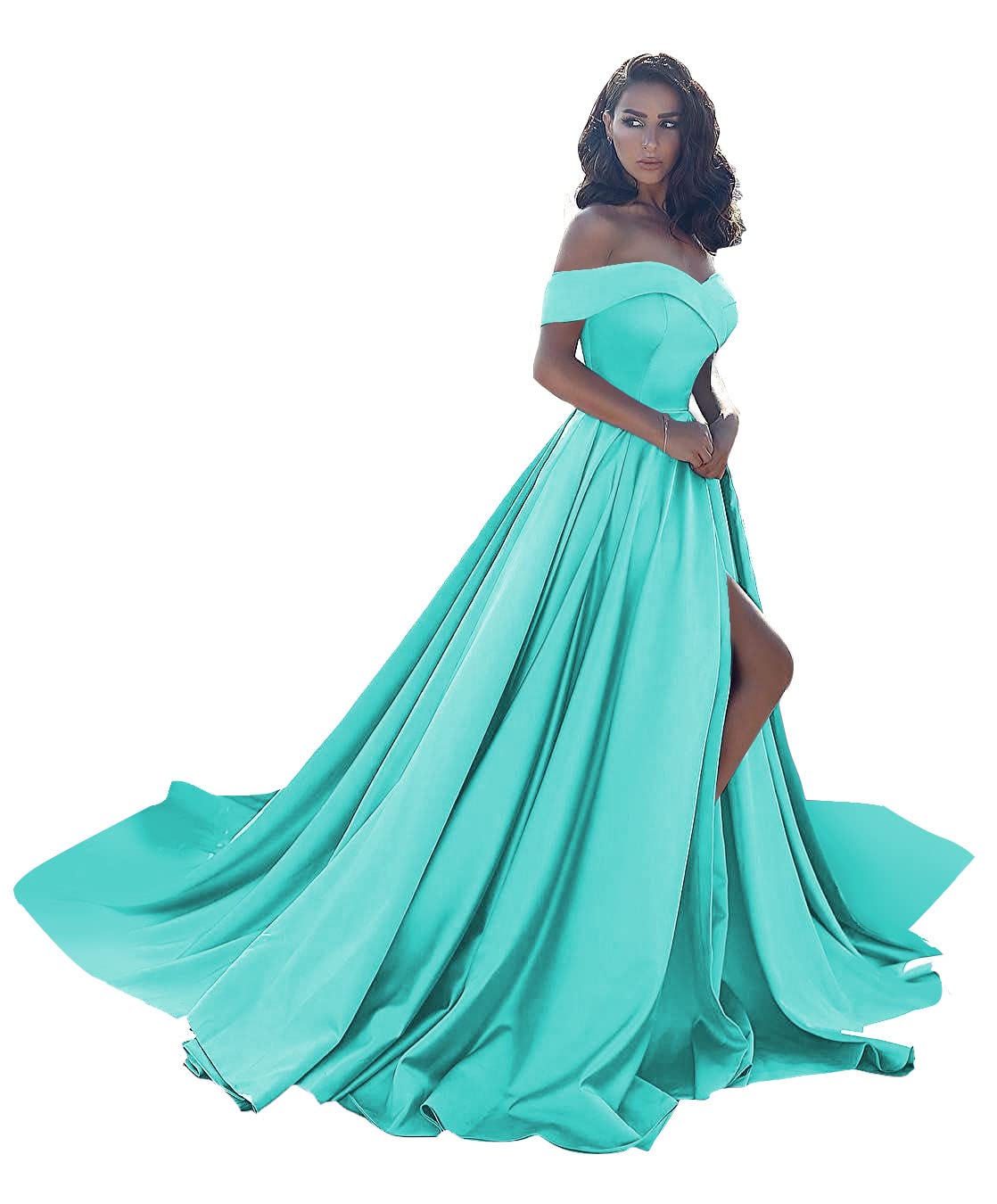 Elegant Off Shoulder Prom Dresses with High Slit - Satin Ball Gown A-Line Formal Evening Gowns for Wedding, Homecoming & Special Occasions