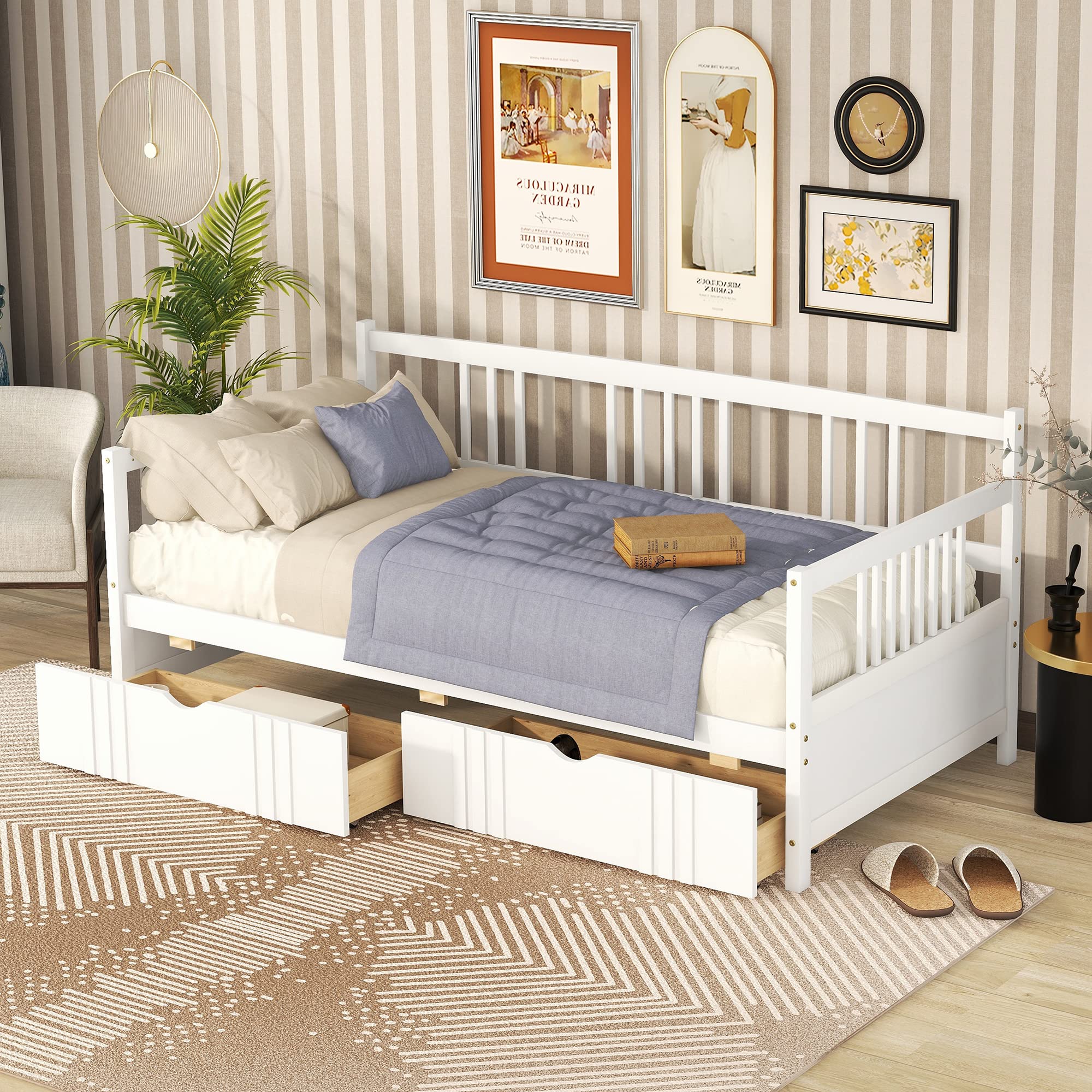 MERITLINE Twin Size Wood Daybed with Storage Drawers - Convertible Sofa Bed for Teens & Adults - White (Twin) | Perfect for Small Bedrooms, Guest Rooms & Dormitories