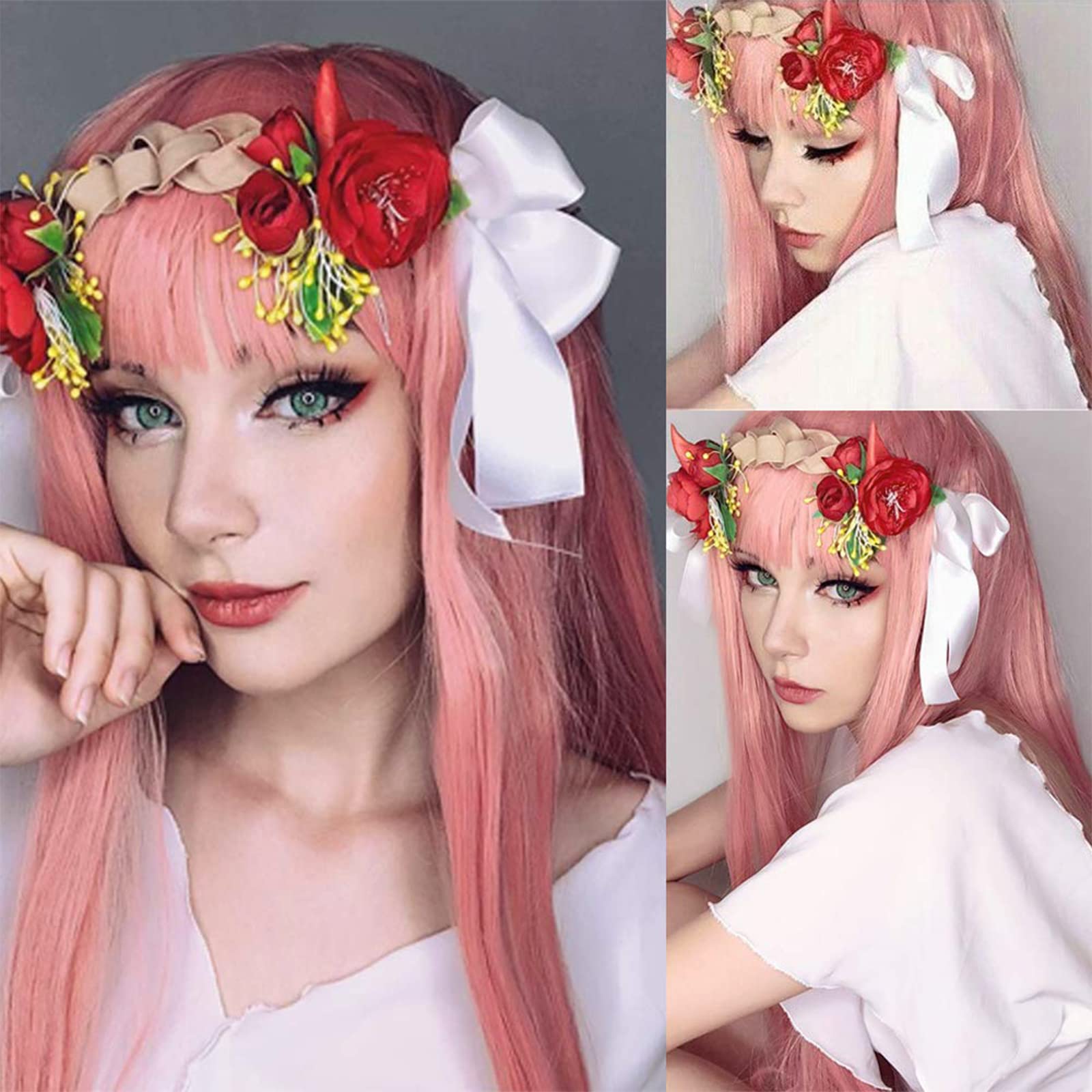 Zero Two Pink Cosplay Wig with Bangs - 24 Inch Light Straight Synthetic Heat Resistant Hair for Anime Costume, Halloween Party & Egirl Fashion (Perfect for White Women)