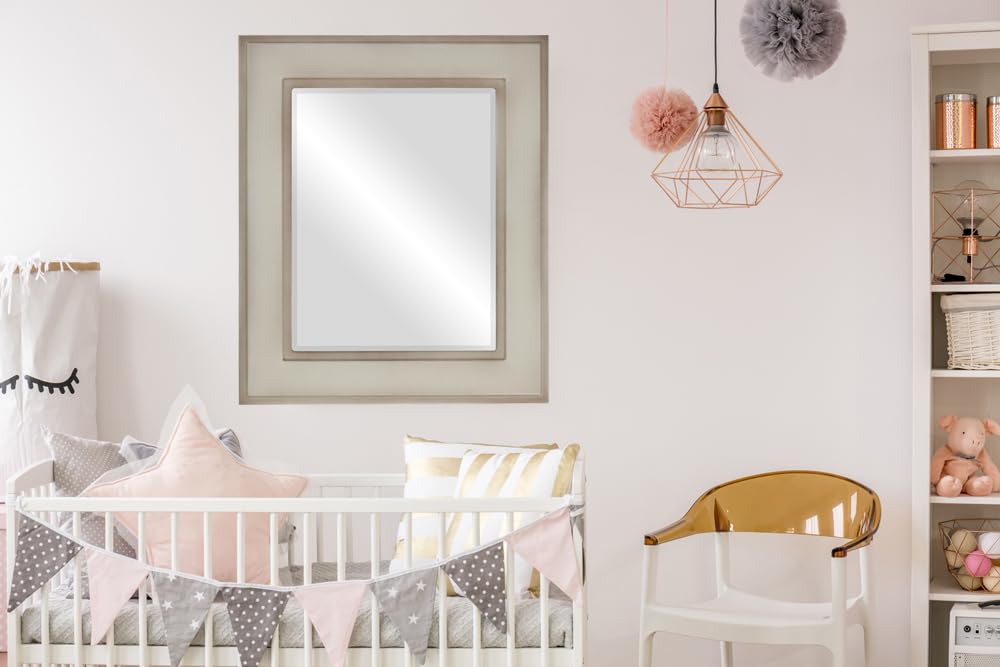 Montreal Style Rectangle Beveled Wall Mirror - Taupe Frame - 29x35 Inches - Elegant Home Decor for Living Room, Bedroom & Entryway