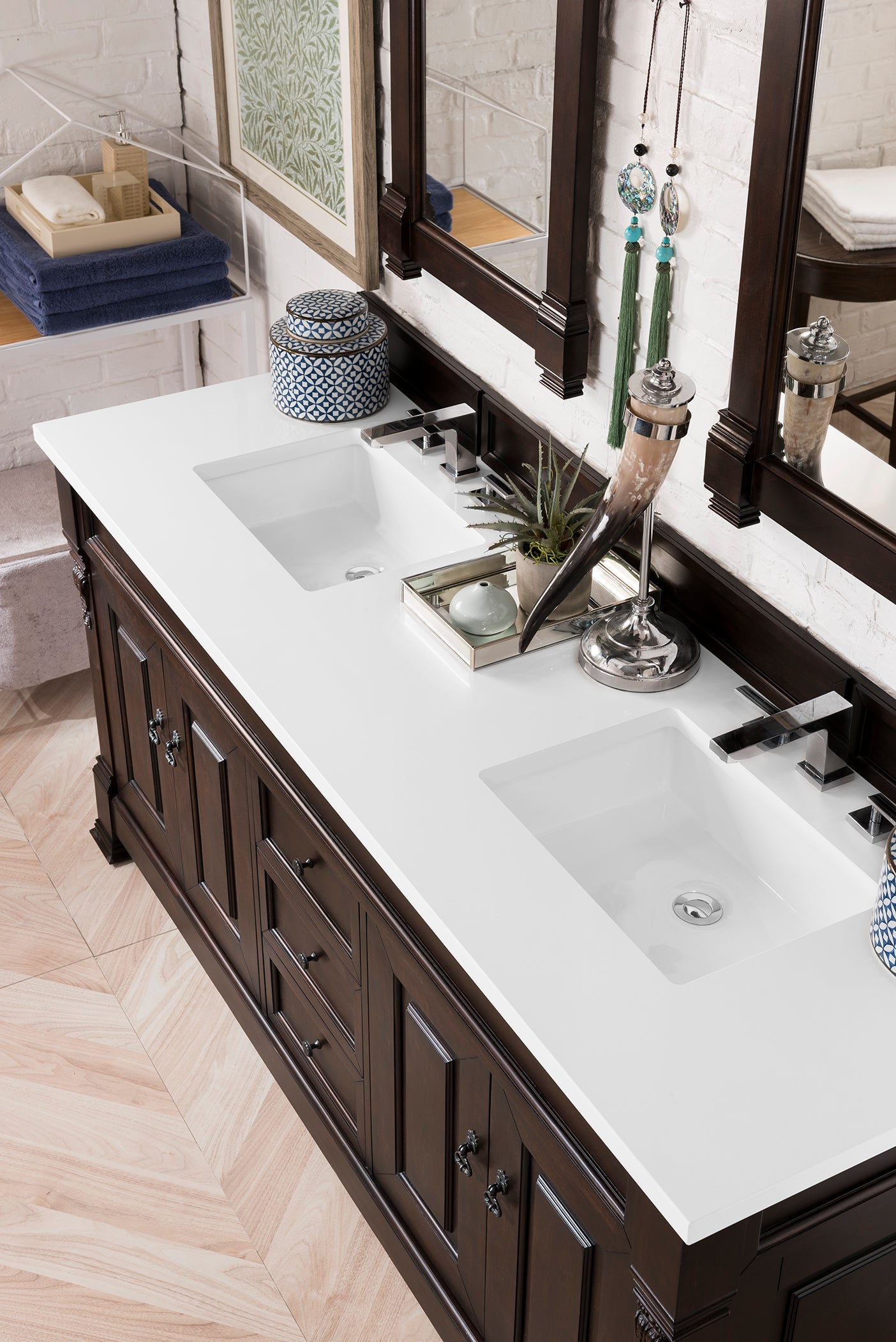 Brookfield 72-Inch Double Vanity with Burnished Mahogany Base & 3CM White Zeus Quartz Countertop - Perfect for Master Bathroom Renovation & Luxury Home Upgrade