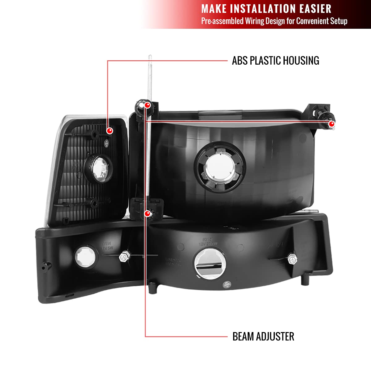 92-96 Ford F150 F250 F350 Bronco Replacement Headlights, Bumper Lights & Corner Lights Set - Black Housing - Left & Right Pair - Perfect for Off-Roading & Night Driving