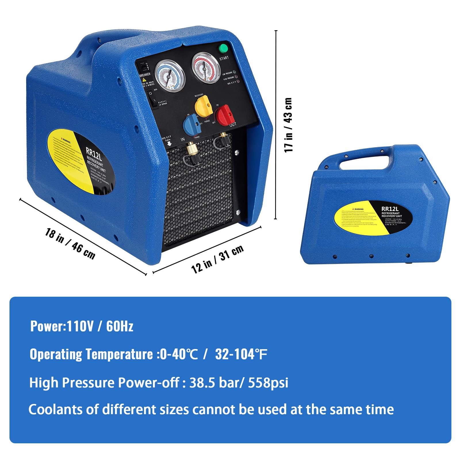 1/2HP 110V Portable Oil-Less Refrigerant Recovery Machine - Dual Cylinder for Liquid Refrigerant Recycling - Perfect for Automotive AC Repair & HVAC System Maintenance - Use in Auto Shops, HVAC Services & Refrigeration Maintenance