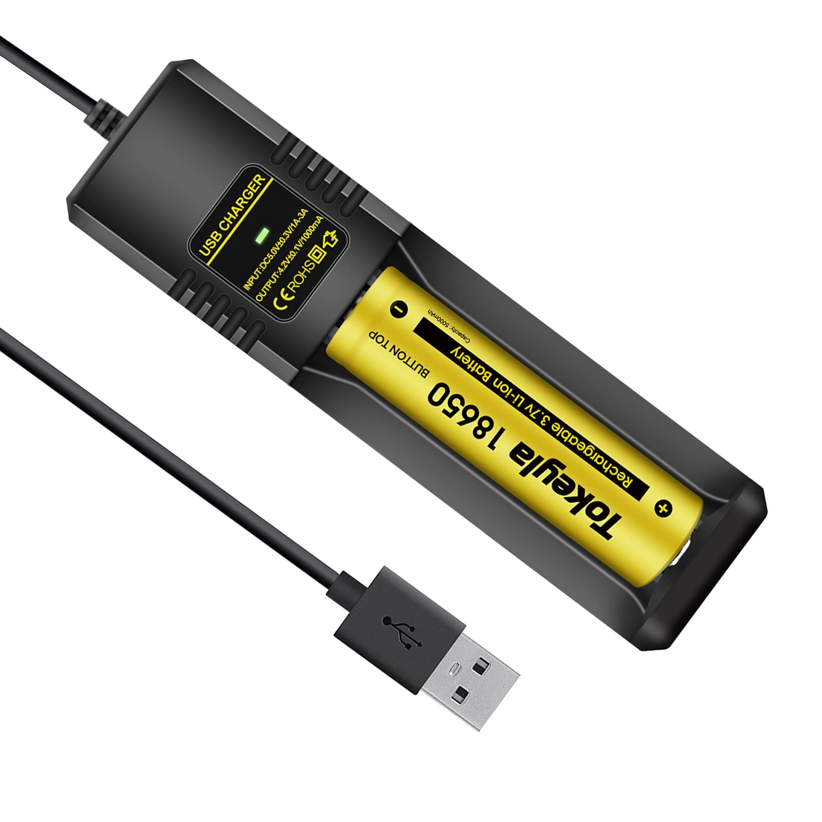 2 Pack 5000mAh 18650 Batteries with USB Single Slot Charger - Universal Li-ion 3.7V Rechargeable Battery for 14500 16340 16650 14650 18650 - Perfect for Flashlights, Vape Mods & Power Tools
