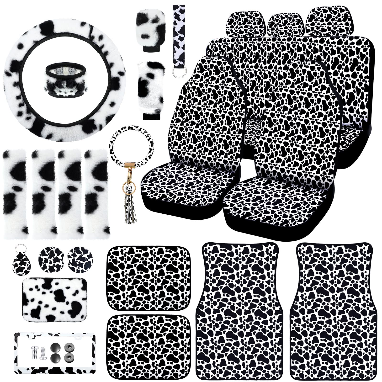 26PCS Cow Print Car Seat Covers Set - Soft Fluffy Steering Wheel Cover & Accessories for Women's Car Interior - Perfect for Winter & Christmas Gifts