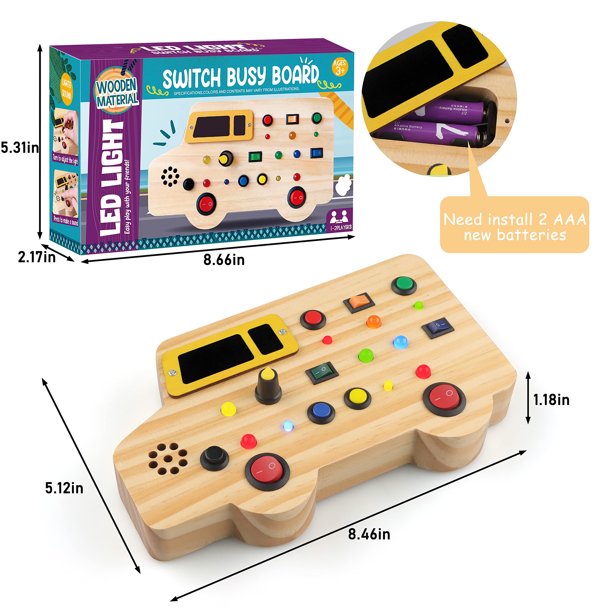 Montessori Wooden Busy Board for Toddlers - Sensory Toys with LED Lights & Sounds, Educational Wooden Car Toys for Kids Ages 3+ | Perfect Stocking Stuffers for Boys & Girls | Great for Early Learning, Travel & Playtime Activities