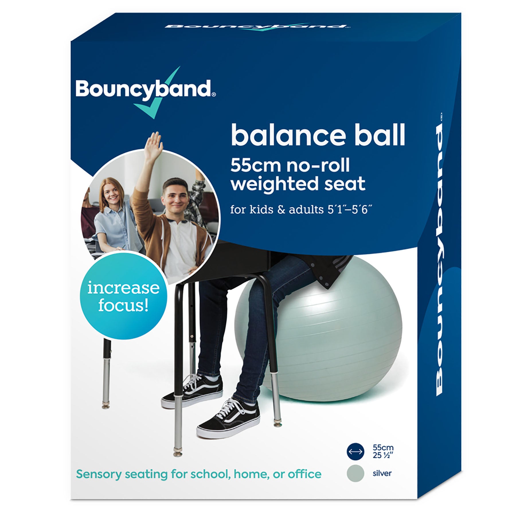 Bouncyband 55cm Balance Ball - Dynamic Silver Stability Ball for Active Sitting, Office & Home Workout, Yoga & Fitness - Improves Posture & Core Strength