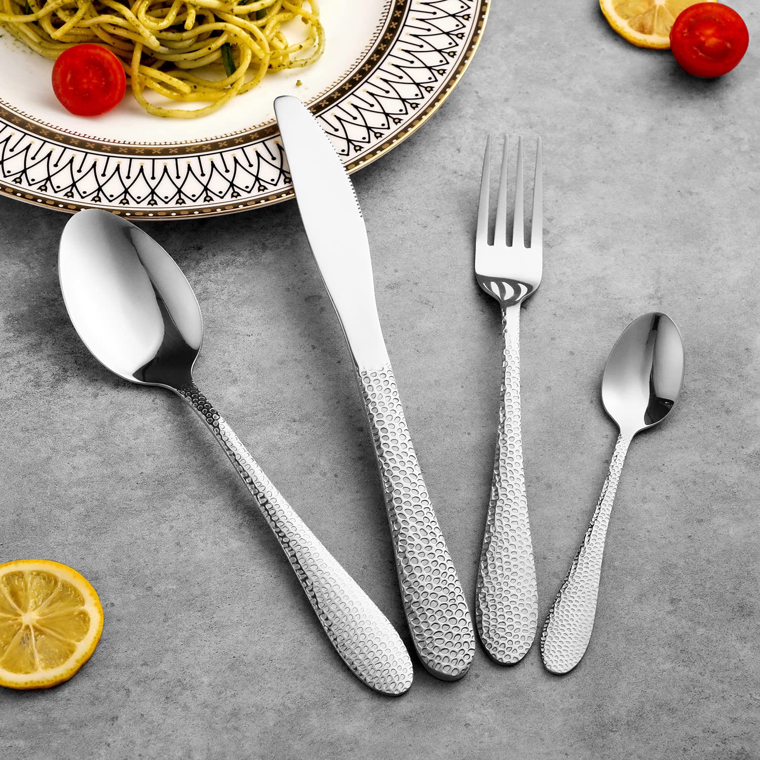 16-Piece Premium Stainless Steel Flatware Set with Hammered Pattern - Knife, Fork & Spoon Set for 4 - Dishwasher Safe Silverware for Dining, Kitchen & Entertaining - Elegant Tableware for Restaurants, Weddings & Dinner Parties