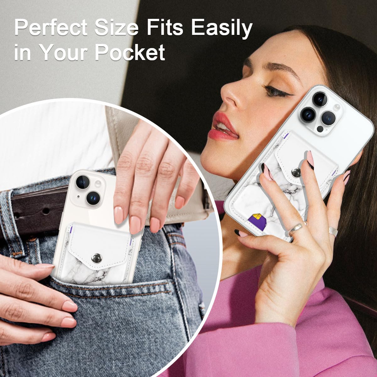 Leather RFID Phone Wallet with Snap - Self Adhesive Card Holder for Back of Phone - White Marble Design - Perfect for Credit Cards, IDs & Transit Passes - Ideal for Work, Travel & Everyday Use