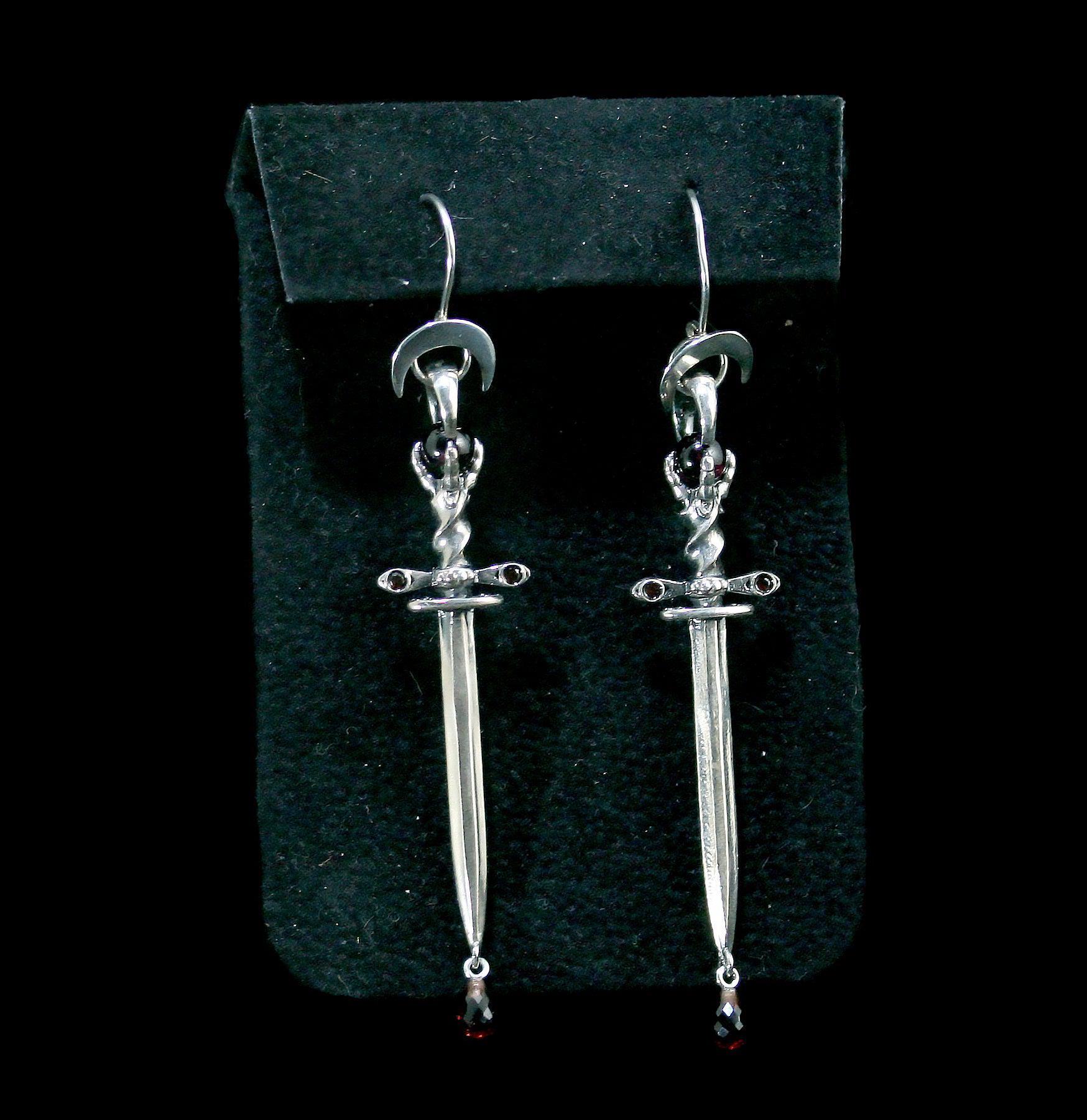 Garnet Dangle Earrings - Elegant Athame Drip Design for Wiccan Rituals & Gothic Fashion