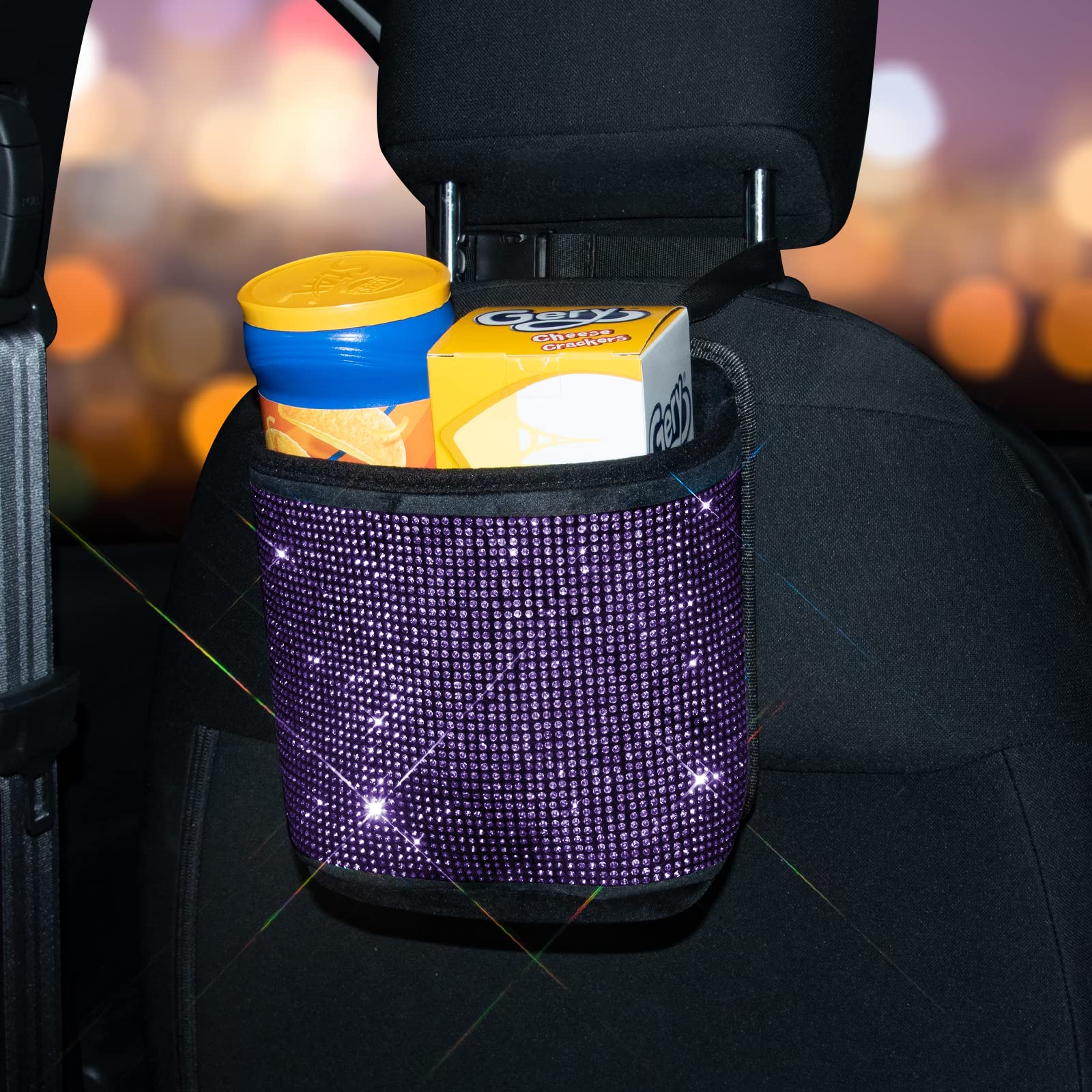 Bling Crystal Car Seat Organizer - Premium Front & Back Seat Travel Caddy Bag with Garbage Pocket | Diamond Car Accessories (1-Pack, Purple) | Perfect for Road Trips, Commuting & Family Travel