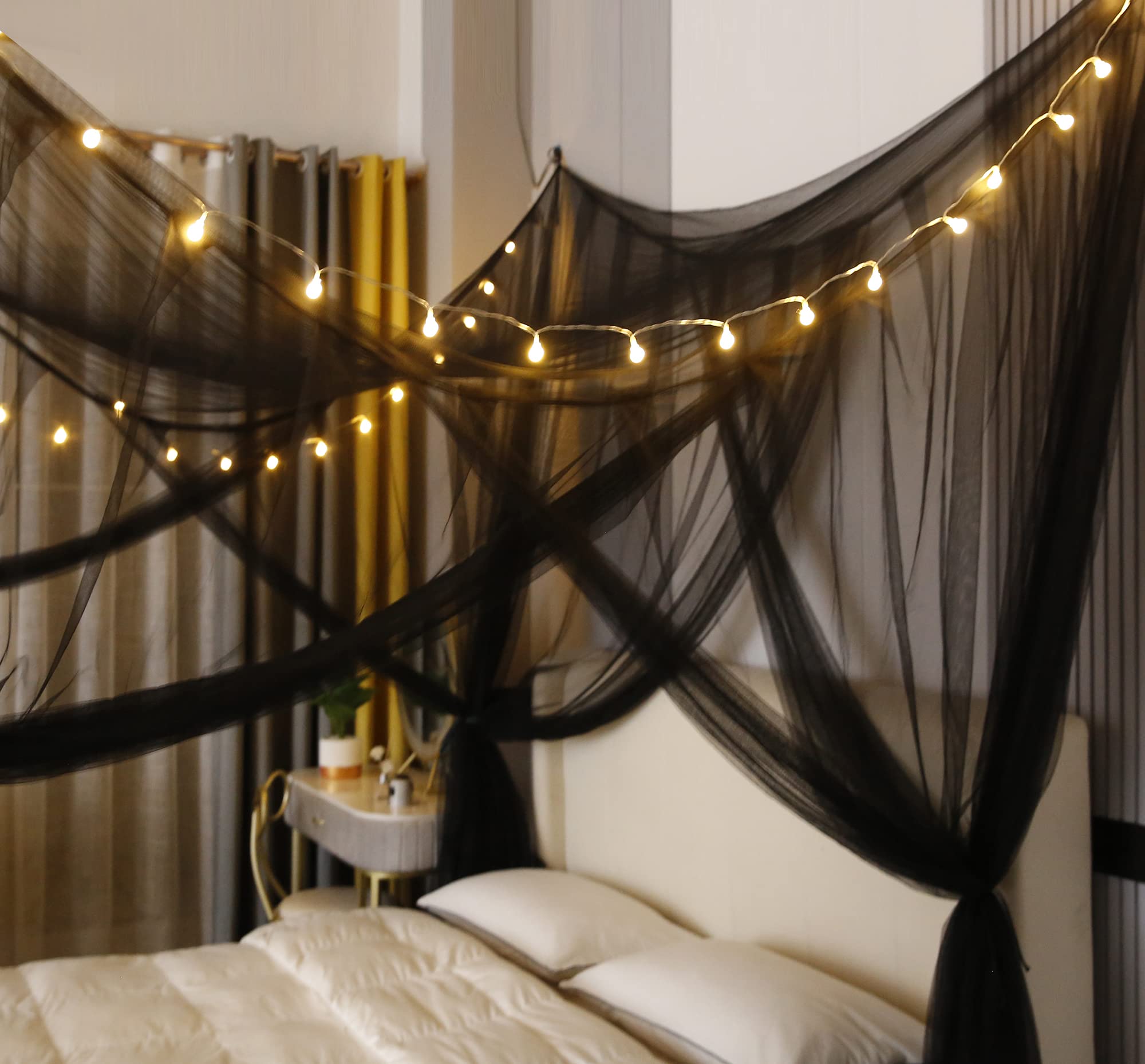 Elegant Canopy Bed Curtains with Lights for Single Twin Bed - Gothic Room Decor & Romantic Ambiance