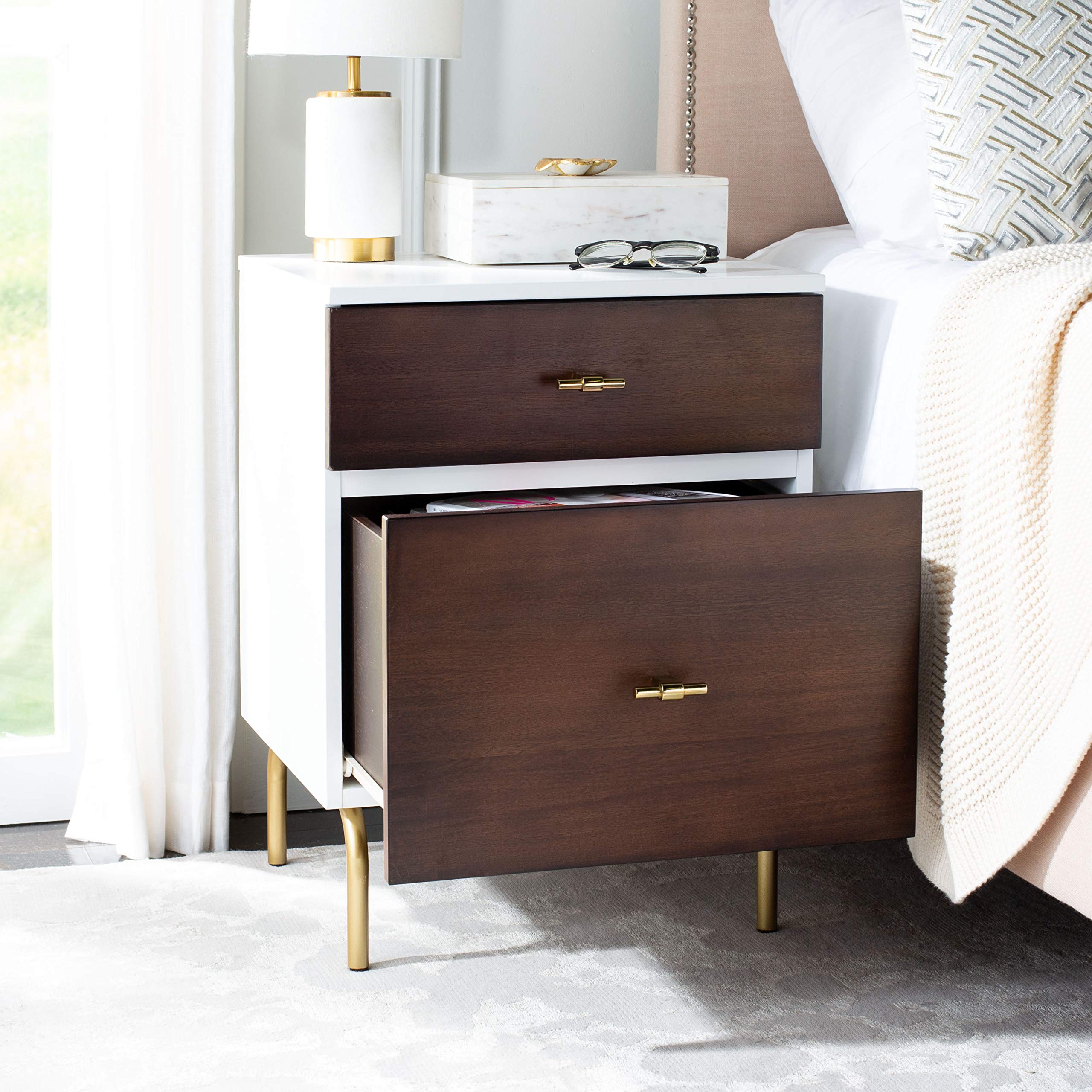 Safavieh Genevieve Modern Nightstand - Walnut & White Mahogany Finish, 2-Drawer Bedside Table for Bedroom, Living Room, or Office Storage