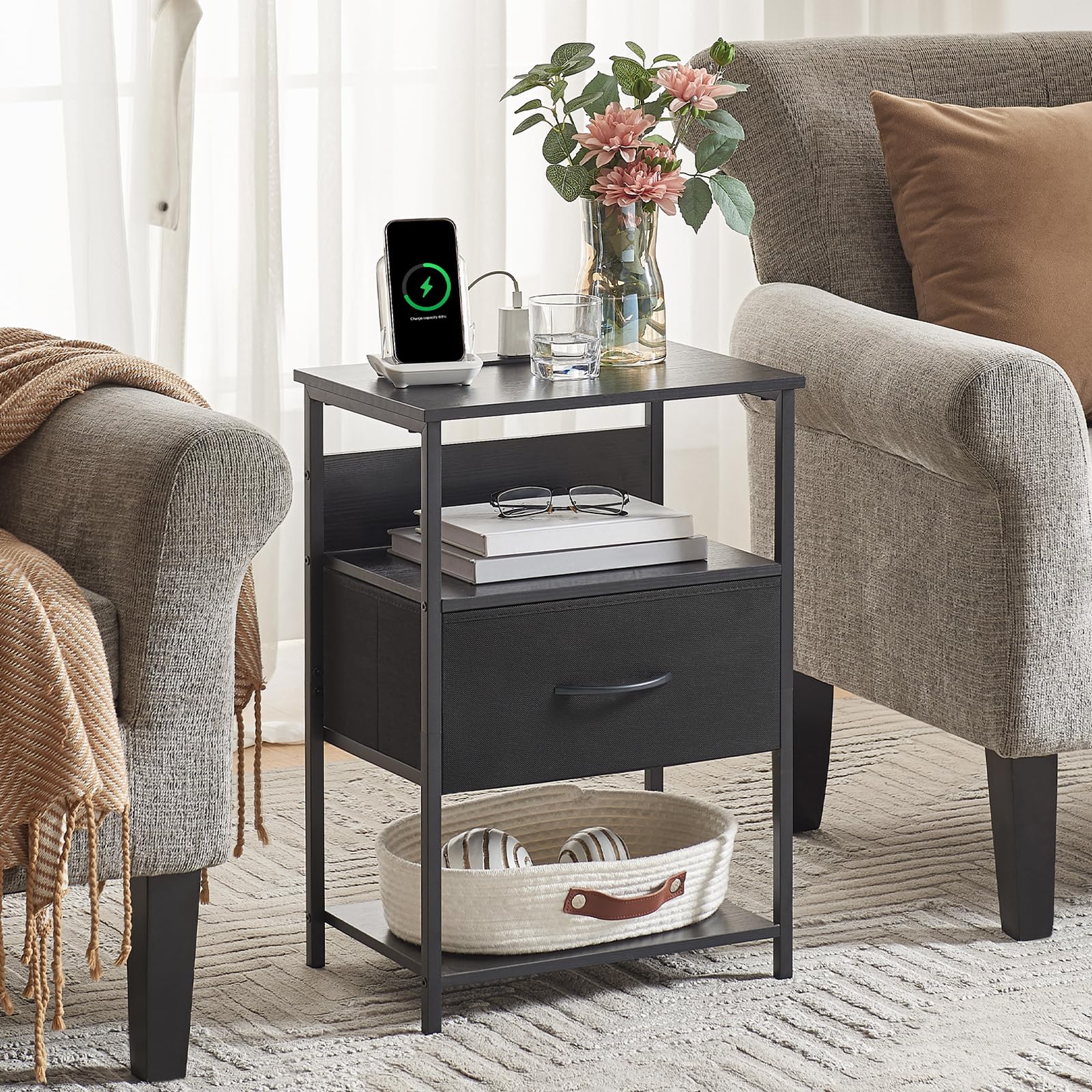 Somdot Black Nightstand with USB Charging Station & LED Light - Modern Bedside Table for Bedroom, Dorm, Guest Room | Kids Nightstand with Storage for Laundry Closet, Entryway & Hallway (Black) - Perfect for Bedside Phone Charging & Bedroom Organization