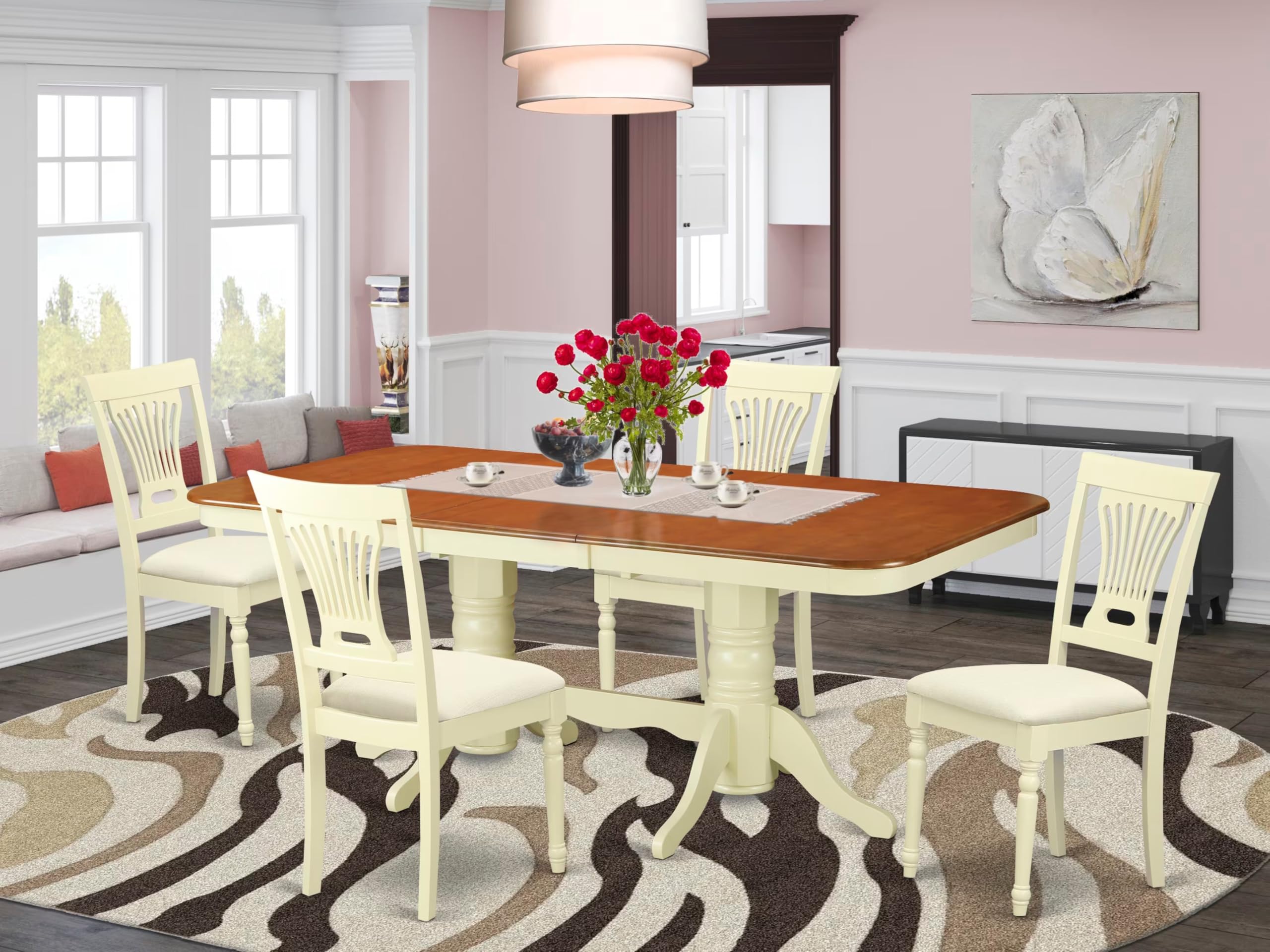 East West Furniture 5-Piece Dining Room Set with Butterfly Leaf Table & 4 Upholstered Chairs - 40x78 Inch Buttermilk & Cherry - Perfect for Small Space Dining Rooms, Breakfast Nooks, and Family Gatherings