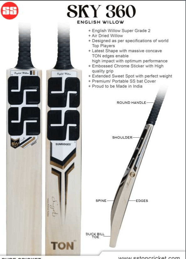Premium SS Ton SKY 360 Adult Cricket Bat - Lightweight English Willow with Perfect Balance - Ideal for Professional Matches & Training Sessions