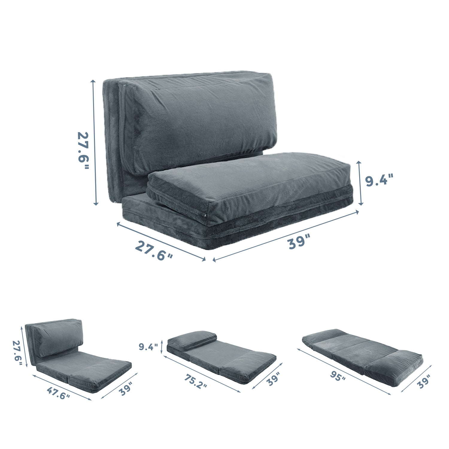 MAXYOYO Foldable Bean Bag Sofa Bed - Extra Thick Multi-Functional Floor Lounger with Washable Faux Fur Cover in Dusty Blue | Perfect for Living Rooms, Dorms, Game Rooms & Relaxation Spaces
