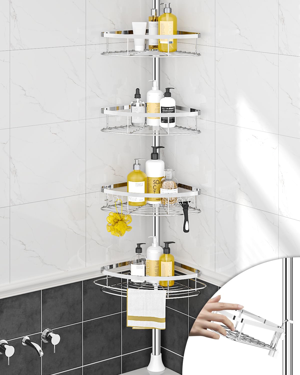 Rustproof Shower Corner Caddy Organizer - 4 Adjustable Shelves with Tension Pole (39.2-113 Inch Height) - Bathroom Storage for Shampoo, Conditioner & Bath Accessories - Perfect for Bathtub, Shower Stall & Spa Organization