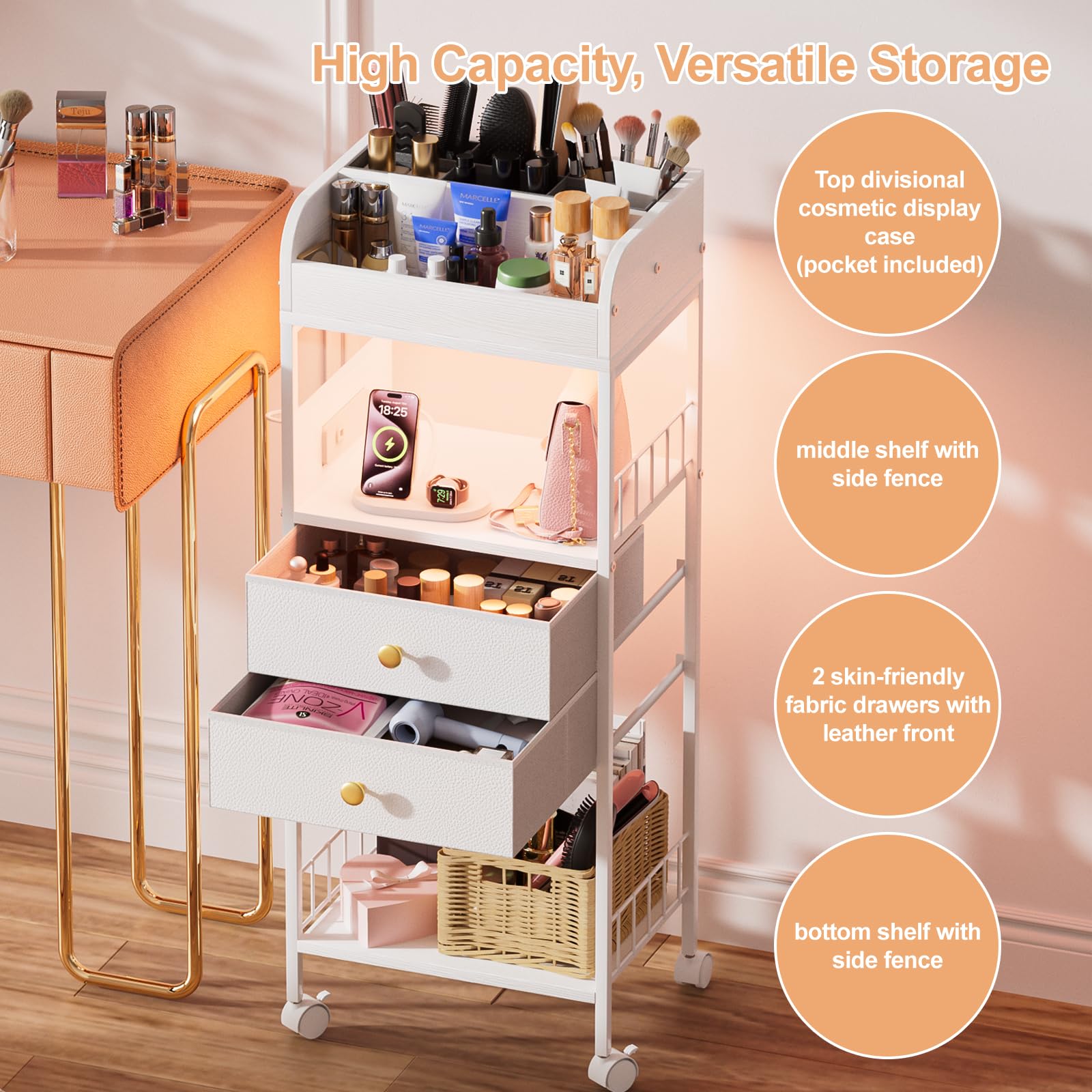 LED Makeup Organizer with Charging Station & Drawers - Vanity Cosmetic Storage Case for Makeup, Skincare, Nail Polish, Perfume & Hair Accessories - White | Perfect for Bedroom, Bathroom & Dressing Table Organization