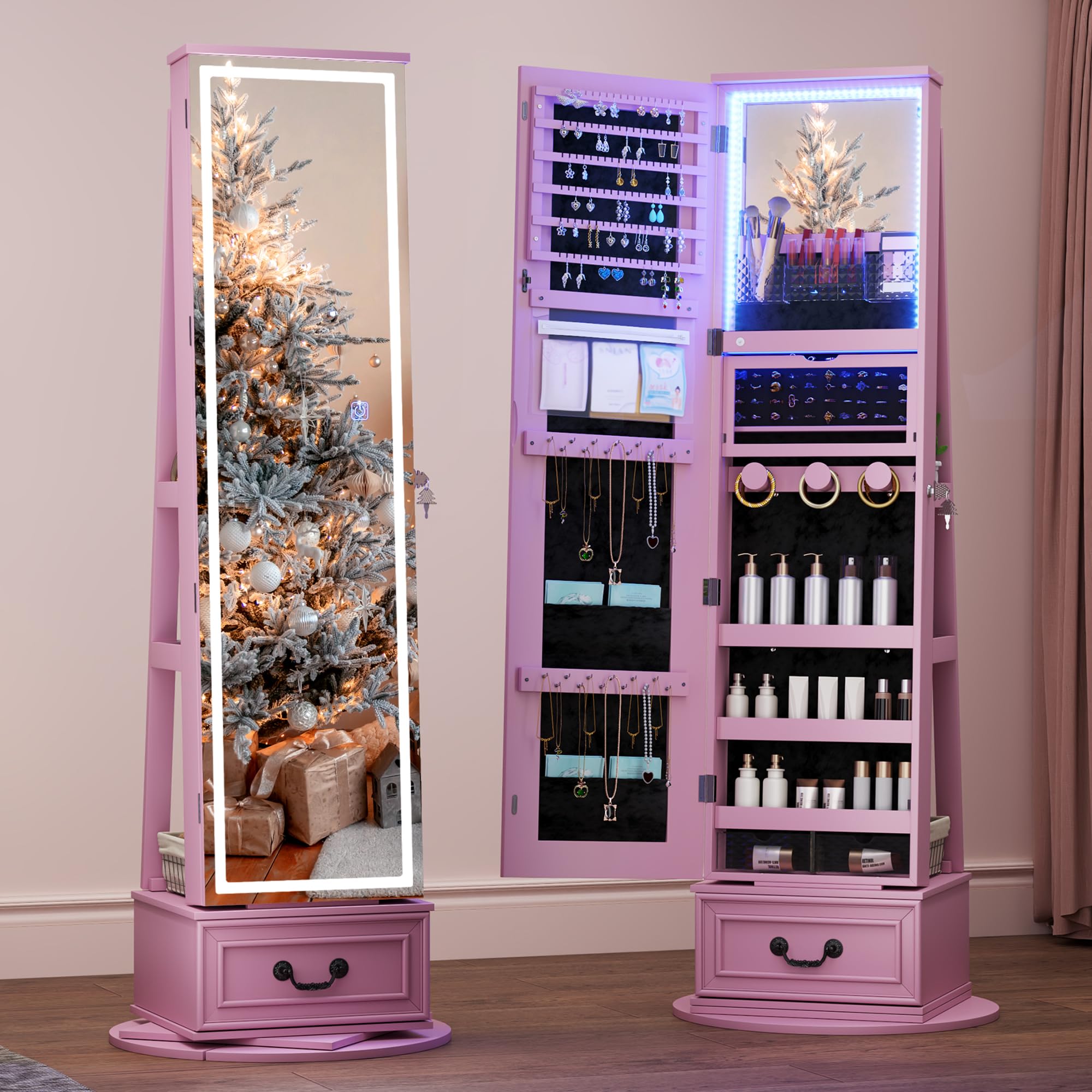 LED Full Length Mirror with Jewelry Storage & 360° Swivel - Lighted Vanity Mirror Jewelry Cabinet with Large Wooden Drawer - Perfect for Bedroom, Dressing Room & Christmas Gifts (Pink)