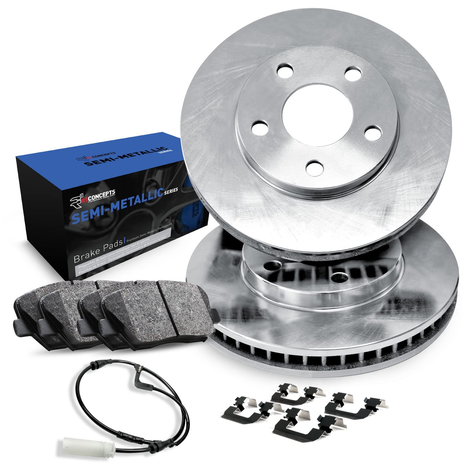 R1 Concepts Rear Brake Pads and Rotors Kit - Semi-Metallic Brake Pads with Hardware & Sensor Kit - Compatible with 2008-2009 Volkswagen Touareg - Perfect for Smooth Braking & Enhanced Safety on Highways or Mountain Roads