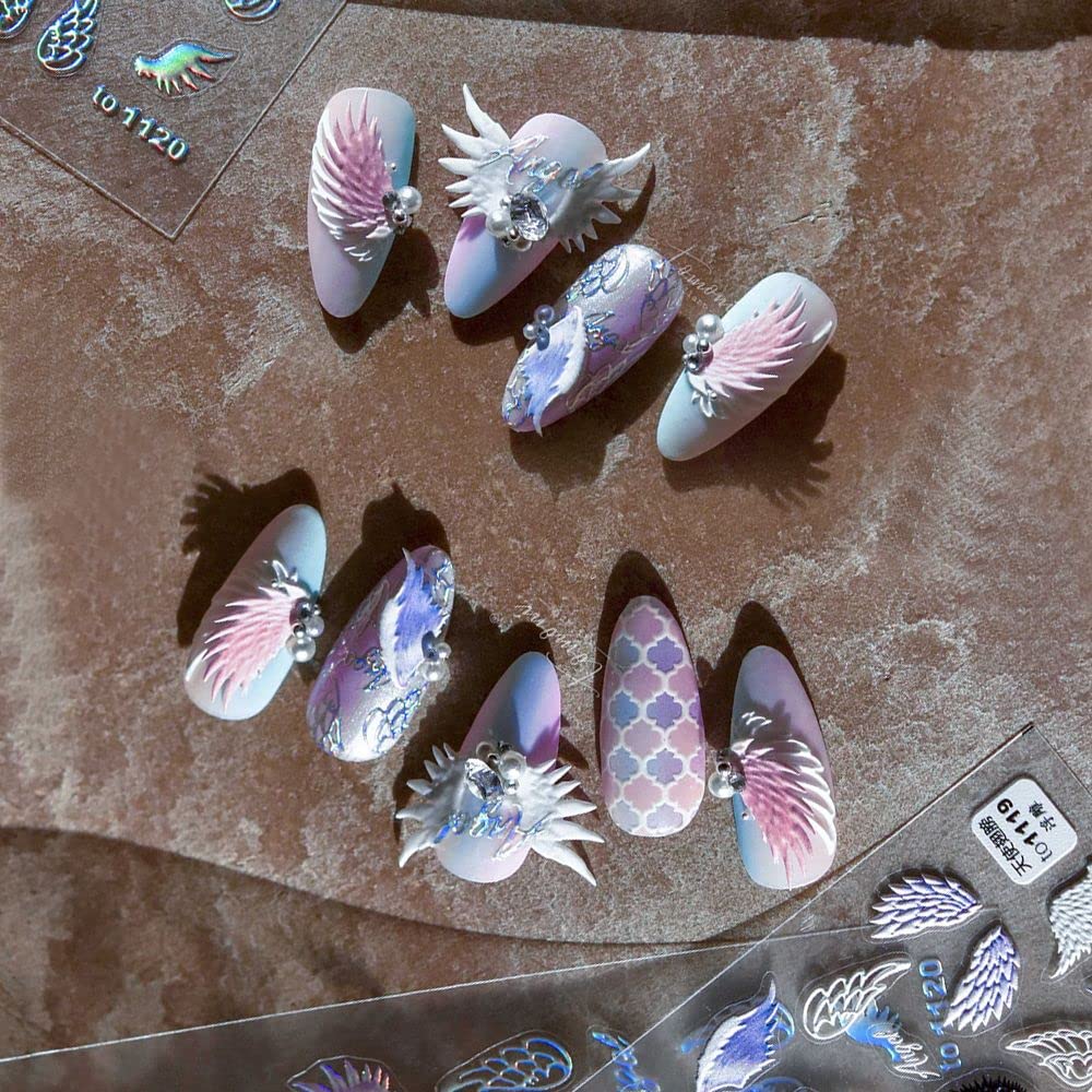 5D Creative Angel Wings Nail Art Stickers - Self-Adhesive Embossed Nail Decals for Women & Girls | Colorful Wing Designs for Parties, Weddings & Special Occasions