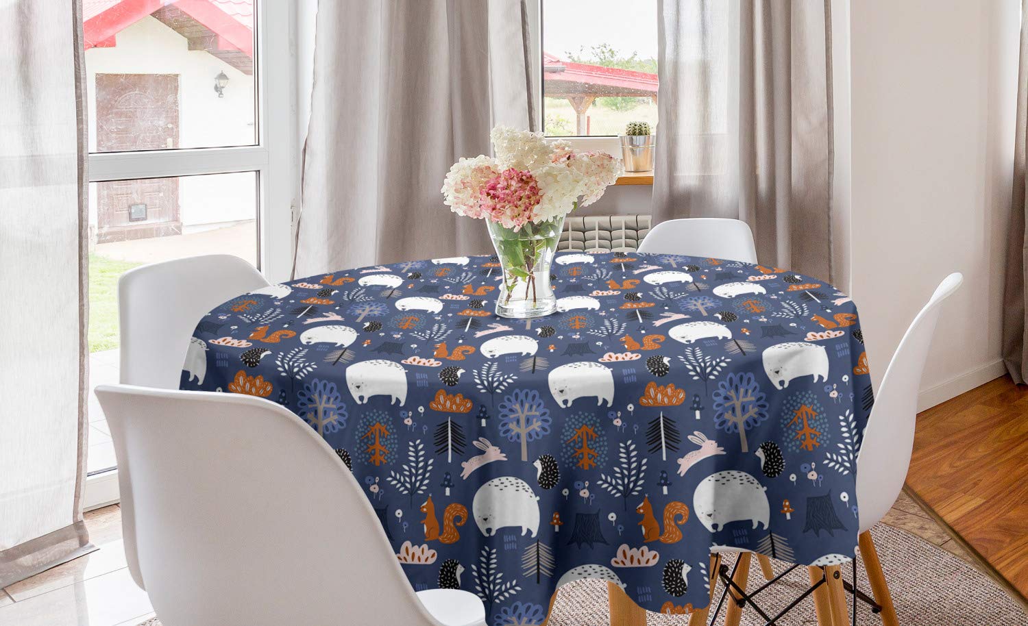 Ambesonne Woodland Creatures Round Tablecloth - 60 Inch Dark Lavender Multicolor Polar Bear Squirrel Hedgehog Design for Dining Room & Kitchen Decor | Perfect for Holiday Dinners, Family Gatherings and Nature-Themed Parties