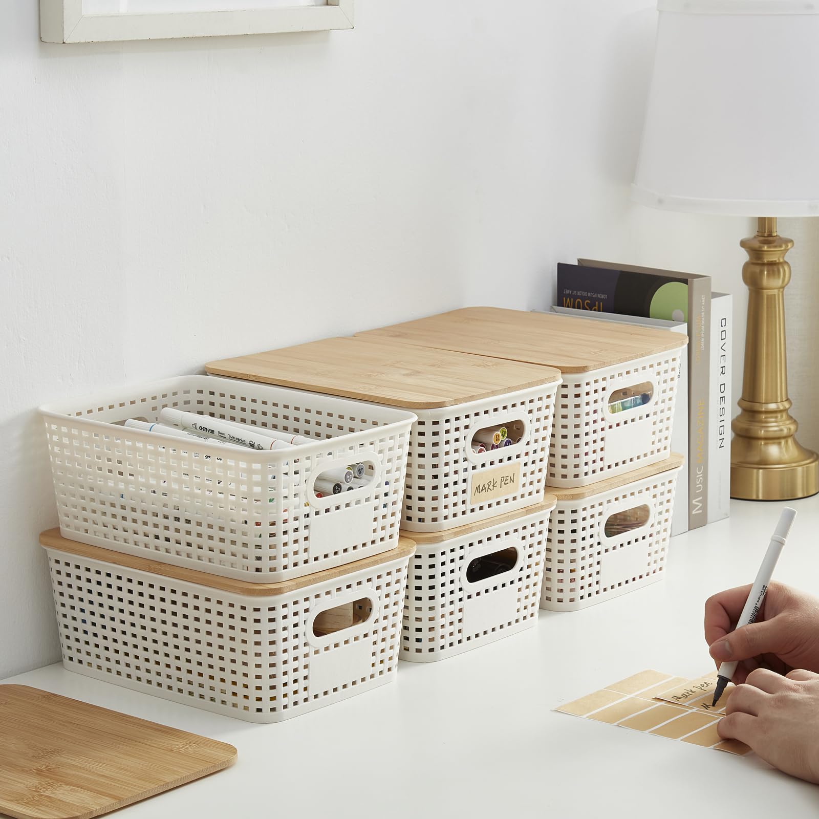6-Pack Small Plastic Storage Bins with Bamboo Lids - 5.2qt Stackable Organizing Box Baskets for Pantry, Closet, Office & Desktop - Decorative Containers with Labels (Cream White, 10