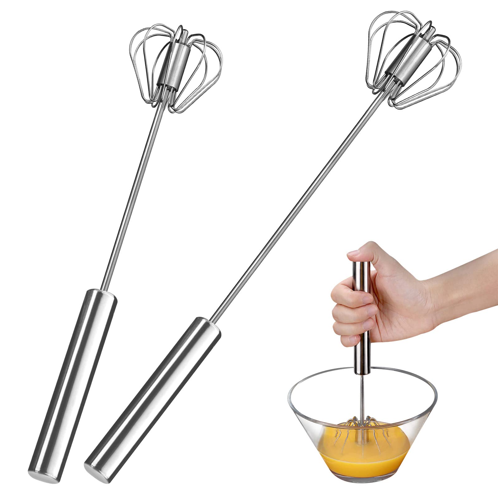2 Pack Stainless Steel Egg Whisk Set - 14 Inch & 10 Inch Handheld Manual Egg Beater for Baking, Cooking & Mixing - Perfect for Whisking Eggs, Beating Cream & Stirring Batters - Essential Kitchen Tool for Home Bakers & Chefs