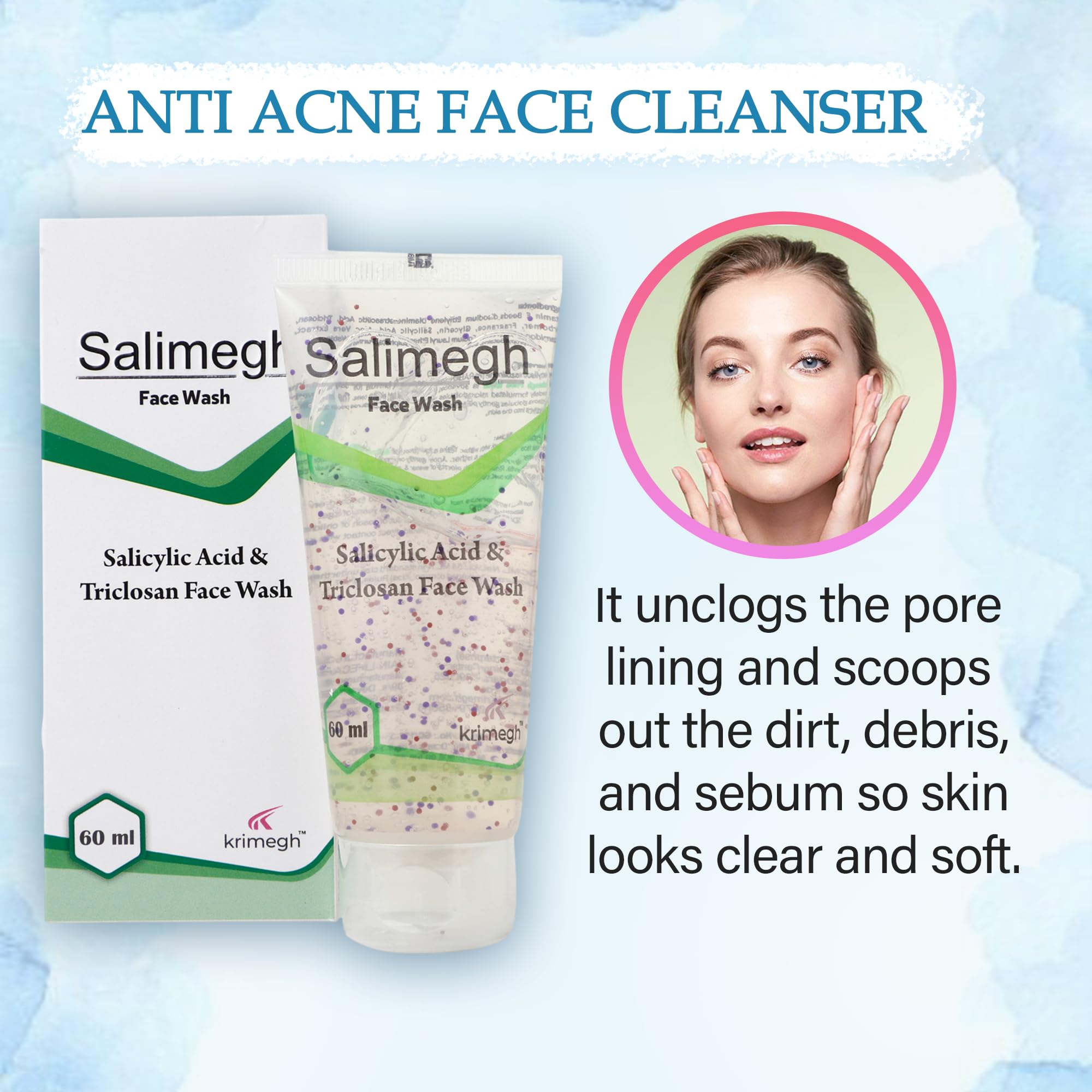 Krimegh Salimegh Acne Face Wash with Salicylic Acid & Triclosan, 60ml (Pack of 2) - Deep Cleansing for Oily & Acne-Prone Skin - Perfect for Daily Skincare Routine