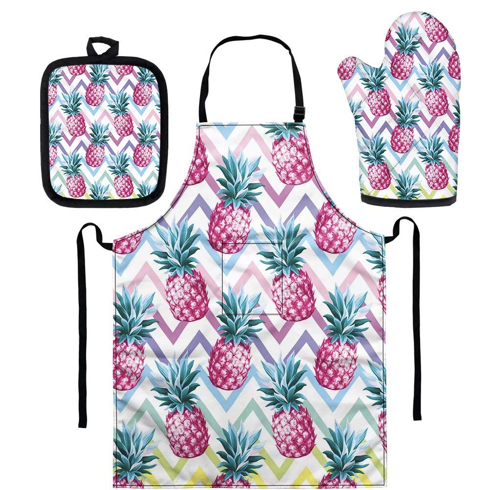 Stylish Pineapple Apron and Oven Mitt Set - Waterproof Kitchen Apron with Pot Holder & Loop - Perfect for Baking, Cooking, BBQ - Ideal Housewarming Gift for Home Chefs (Pink) | Great for Holiday Cooking, Family Gatherings & Outdoor Grilling