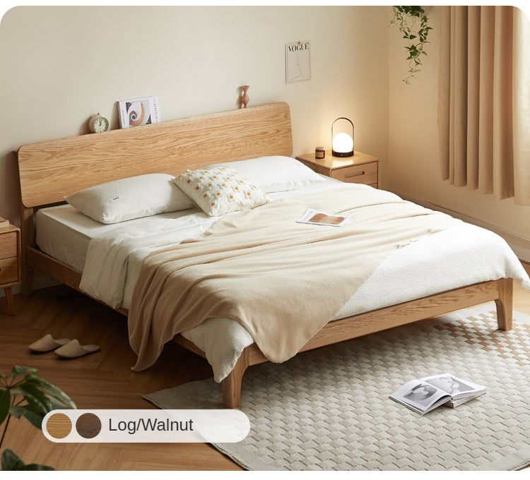 Solid Oak Rubber Wood Bed - Modern Nordic Style Queen/King Size Bed Frame for Bedroom, Living Room & Guest Room