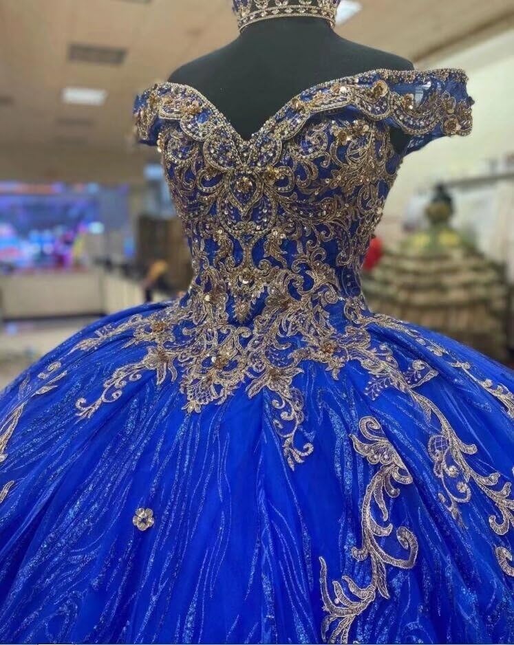 Sparkling Gold Beaded Off-Shoulder Quinceanera Dress with Glitter Tulle Applique - Elegant Sweet 16 & Prom Gown for Women 2025 - Perfect for Quinceañeras, Birthday Parties, and Formal Dances