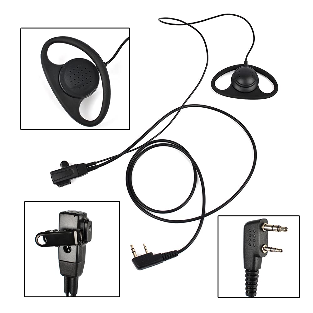 HYSHIKRA D-Shape Walkie Talkie Earpiece with Mic Headset - 4 Pack for Baofeng UV-5R, UV-5RA, 888S, Kenwood & HYT 2 Pin Two Way Radios - Clear Communication for Security, Construction & Outdoor Adventures