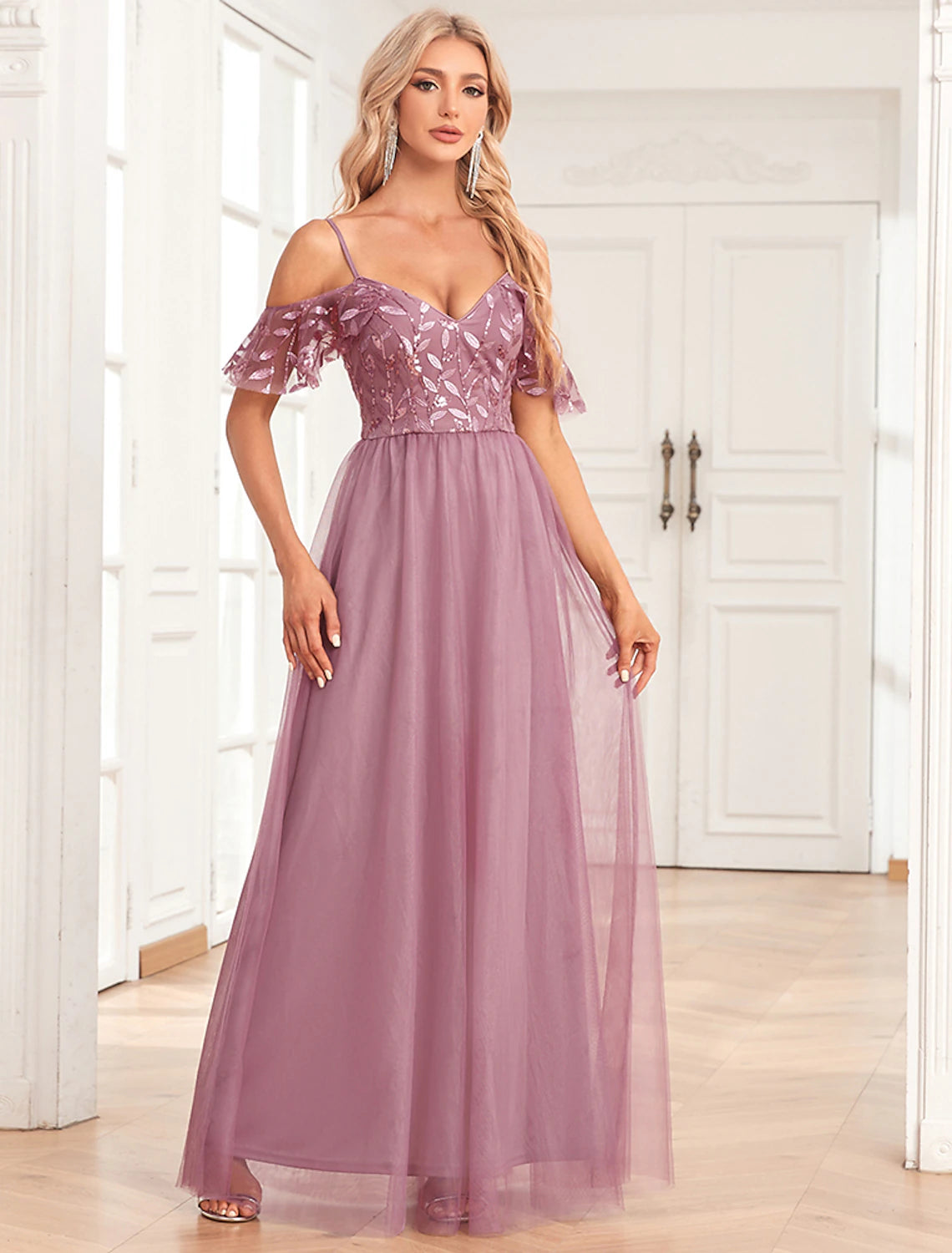 Elegant A-Line Evening Gown - Floor Length Sleeveless Bridesmaid Dress with Tulle V-Back & Sequin Embroidery | Perfect for Formal Parties, Weddings, Prom & Special Occasions