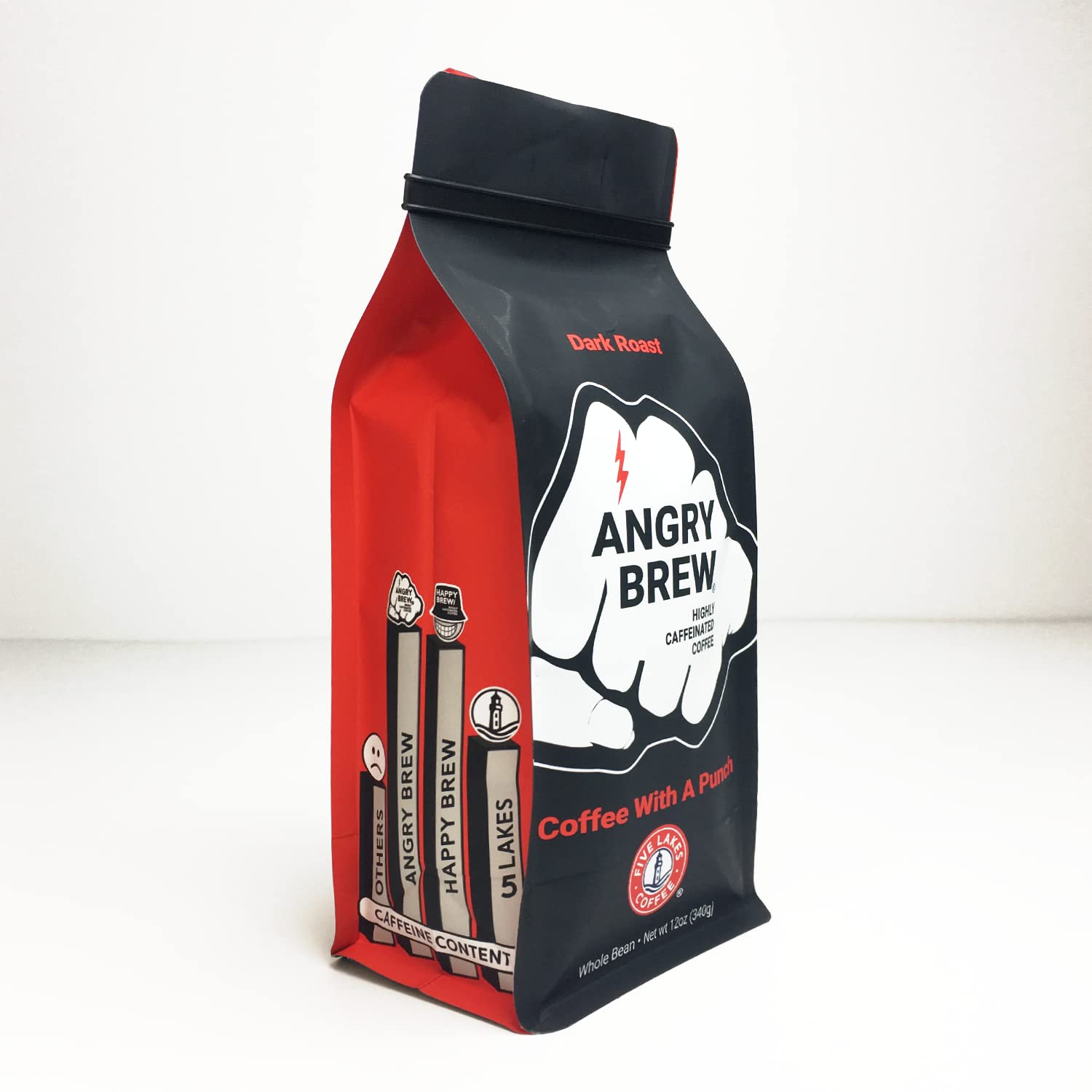 Five Lakes Coffee - Angry Brew Dark Roast Ground Coffee - High Caffeine Premium Coffee Beans for Energy Boost - Perfect for Morning Wakeup, Office Work & Late Night Study Sessions