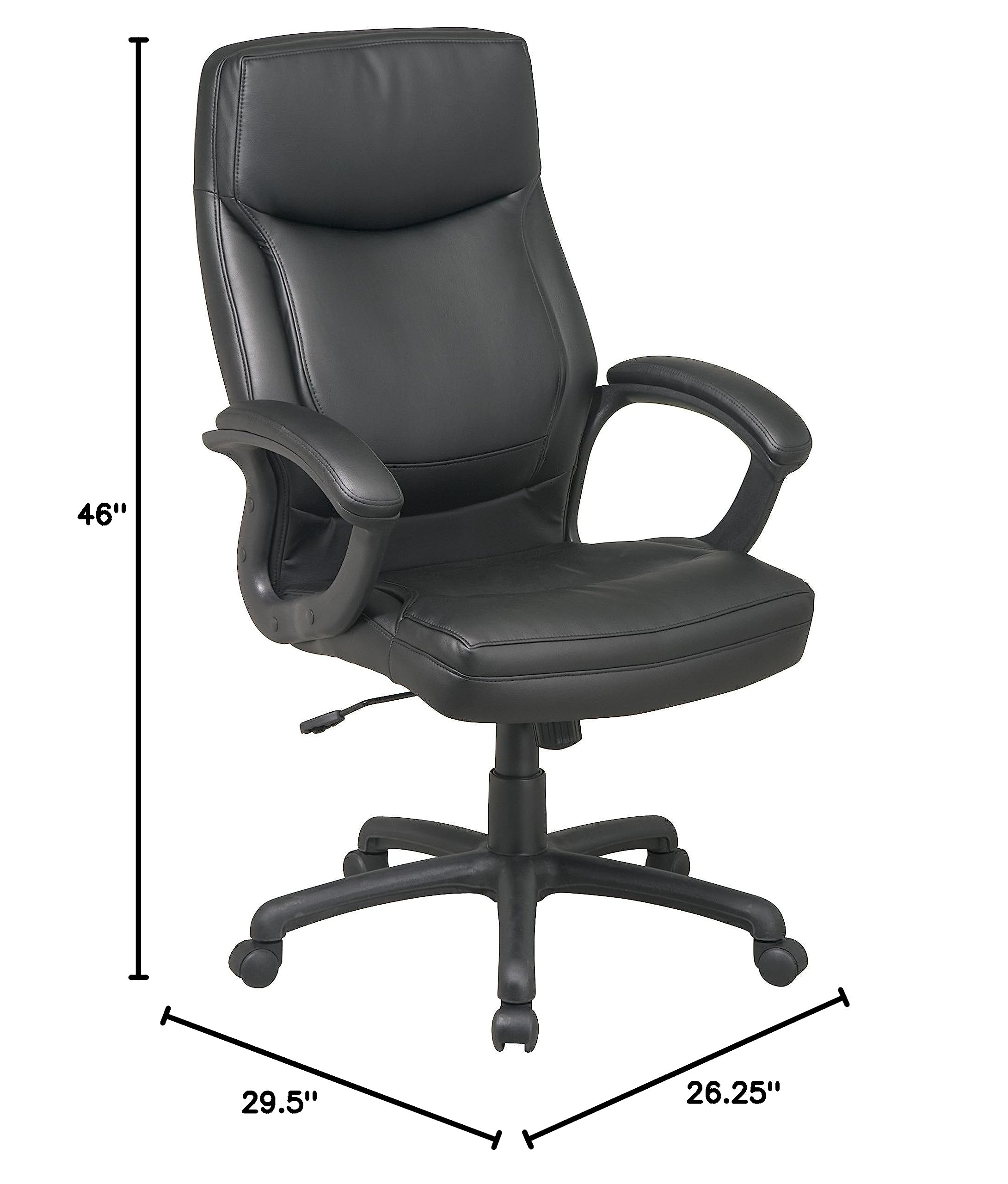 Office Star EC Series Executive Bonded Leather High Back Adjustable Office Chair with Thick Padded Contour Seat & Locking Tilt Control - Ergonomic Desk Chair for Home Office, Computer Work & Conference Rooms (Black)