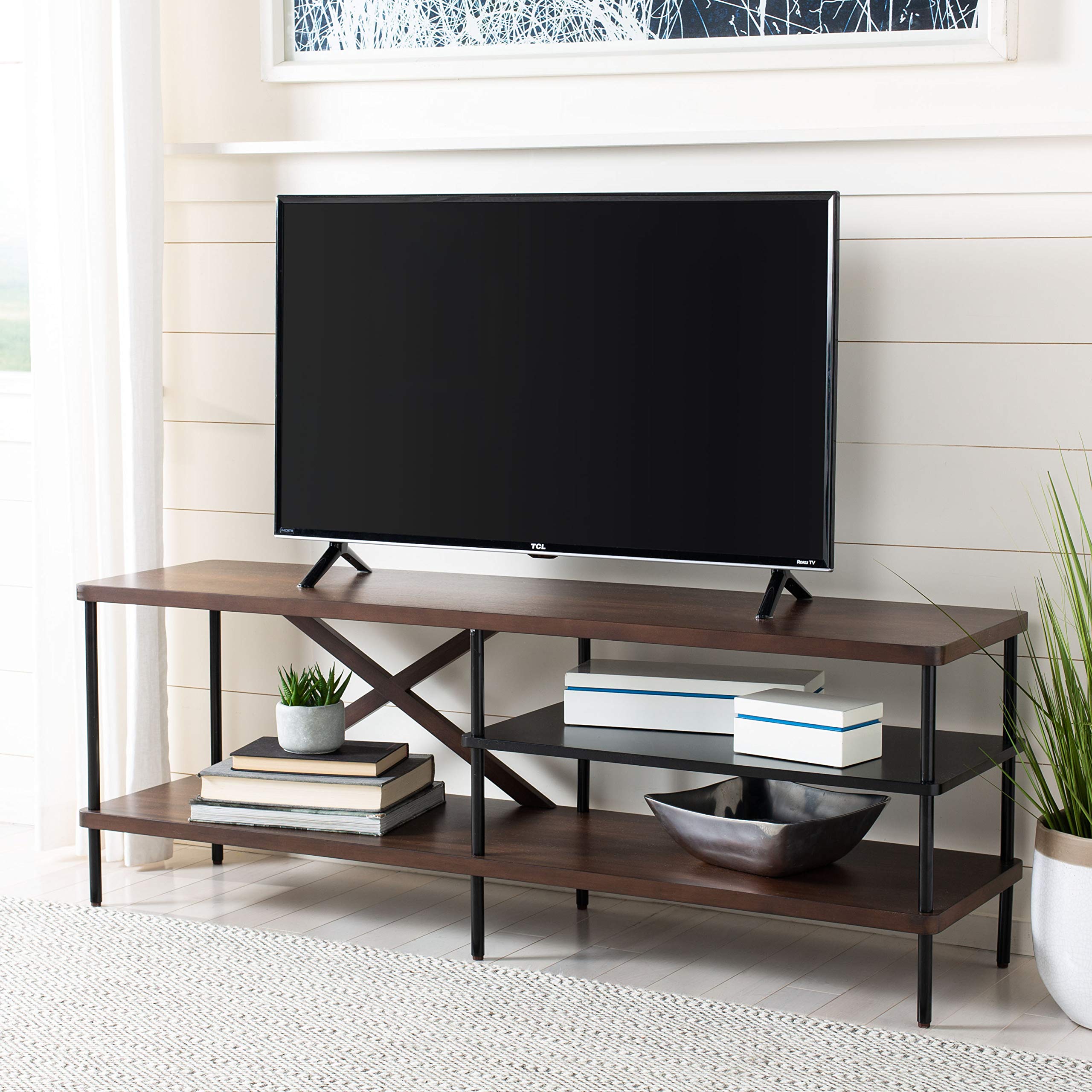 Safavieh Bruno Industrial Walnut & Black TV Stand with Storage Shelves - Modern Media Console for Living Room, Bedroom, or Home Office