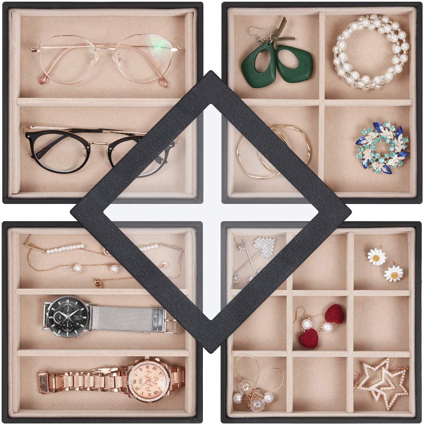 WYJW Stackable Jewelry Organizer Tray with Clear Glass Lid - Earring & Jewelry Storage Display Case for Drawer or Dresser - Perfect for Home, Travel & Gift Giving