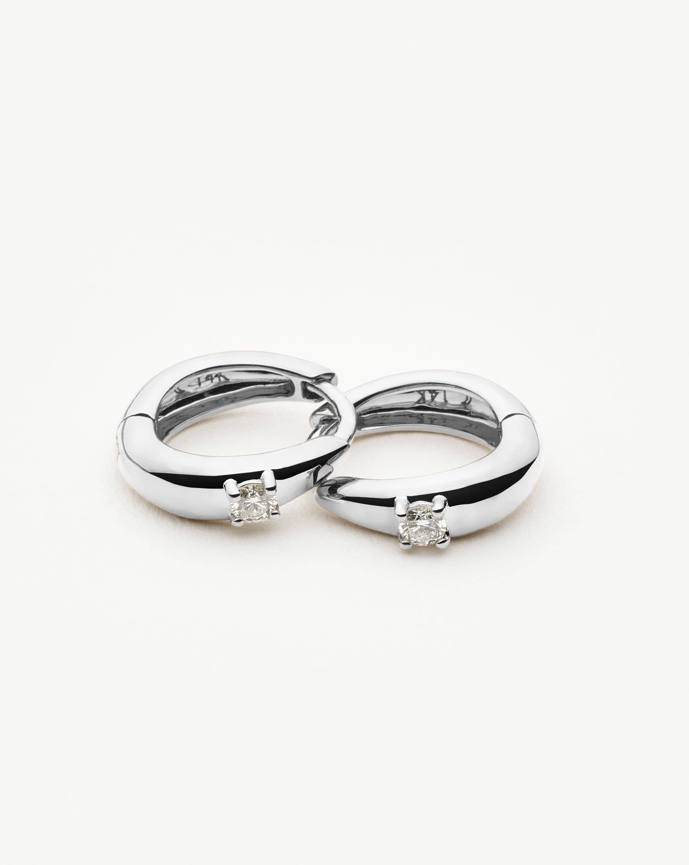 14K Solid White Gold Diamond Huggie Hoop Earrings for Women - Minimalist Single Diamond Dome Studs - Perfect for Everyday Wear, Gifts & Special Occasions