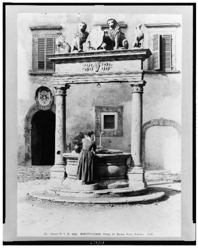 Vintage Montepulciano Italy Photo - Piazza del Duomo with Historic Pozzo Pubblico Well & Decorations 1880 | Tuscan Town Square Wall Art, Home Decor, Italian Travel Souvenir
