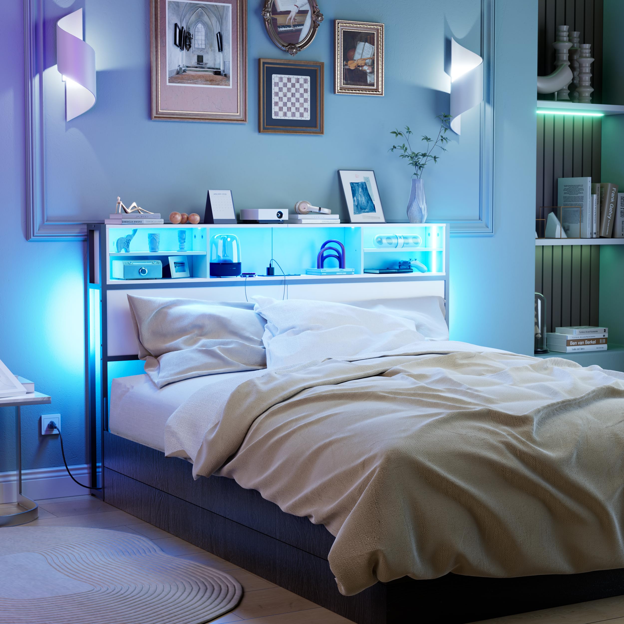 PAKASEPT Queen Size Headboard with USB Ports, Outlets & RGB LED Lights - 4-Tier Storage, Height Adjustable - Modern Bed Headboard for Queen Beds (White) - Perfect for Bedroom Upgrade, Small Space Storage & Nighttime Reading