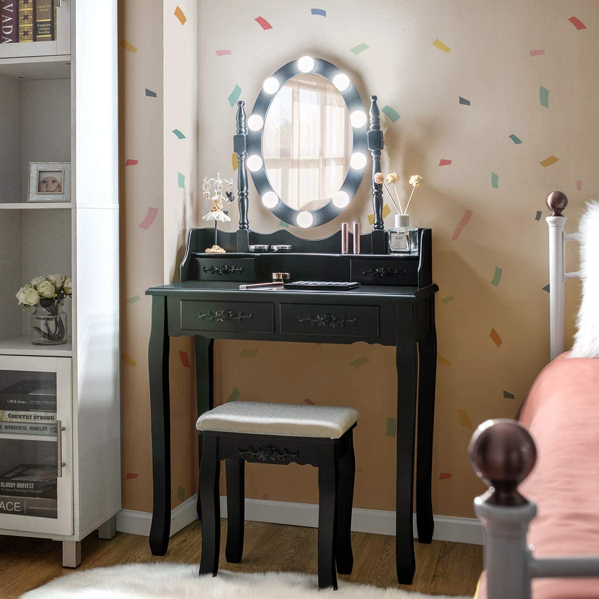 Giantex LED Makeup Vanity Table Set with 10 Adjustable Lights, Oval Mirror & Touch Switch - 4-Drawer Dressing Desk with Cushioned Stool (Black) | Perfect for Bedroom, Dorm, Beauty Salon & Home Decor
