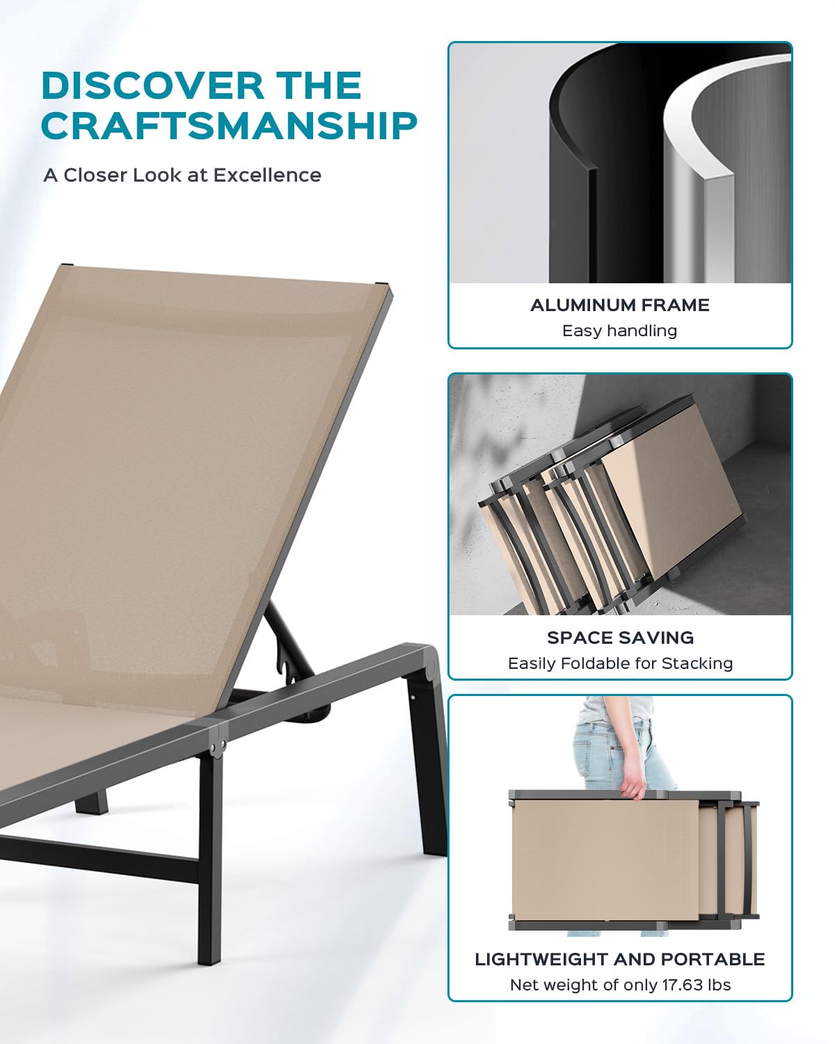 Foldable Aluminum Chaise Lounge Chair - 5 Adjustable Backrest Outdoor Patio Furniture for Poolside, Beach & Backyard Relaxation - Lightweight & Easy Assembly Free Design (Khaki) - Perfect for Sunbathing, Lounging by the Pool or Beach Vacation