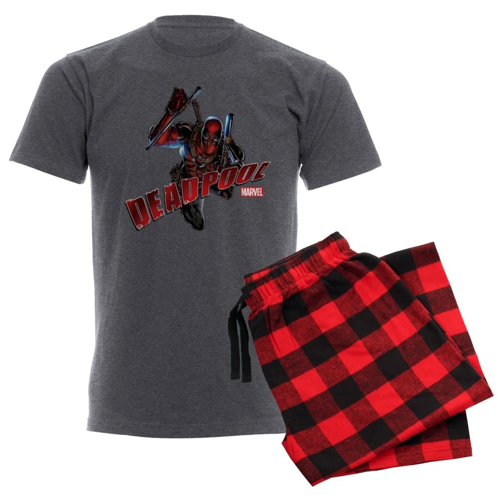 Deadpool Jumping Men's Pajama Set - Soft Charcoal Lounge Pants & Top - Marvel Superhero Sleepwear for Movie Nights & Comic Conventions