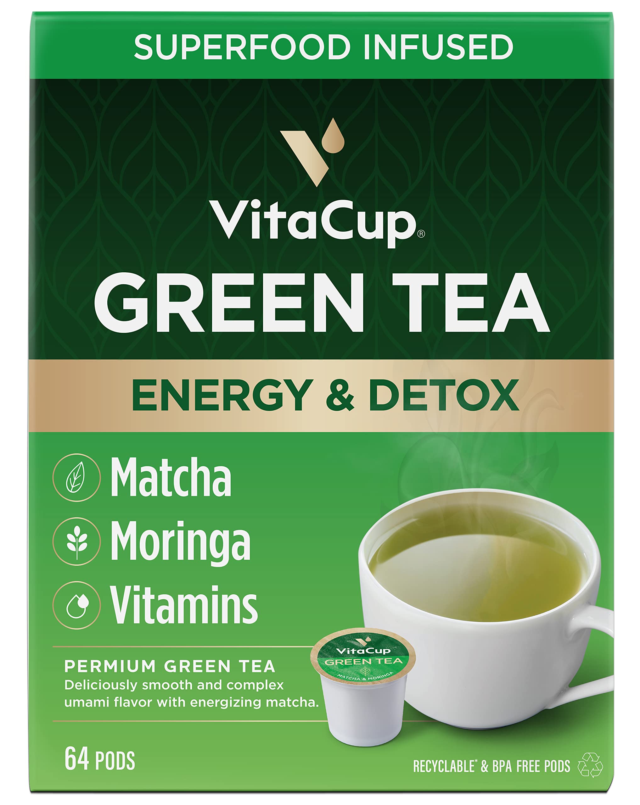 VitaCup Green Tea Pods with Matcha, Moringa & B Vitamins - Energy Boost & Detox Support - Keto, Paleo & Vegan Friendly - Recyclable Single Serve Pods (64 Count) - Compatible with Keurig K-Cup Brewers - Perfect for Home, Office & On-the-Go Wellness