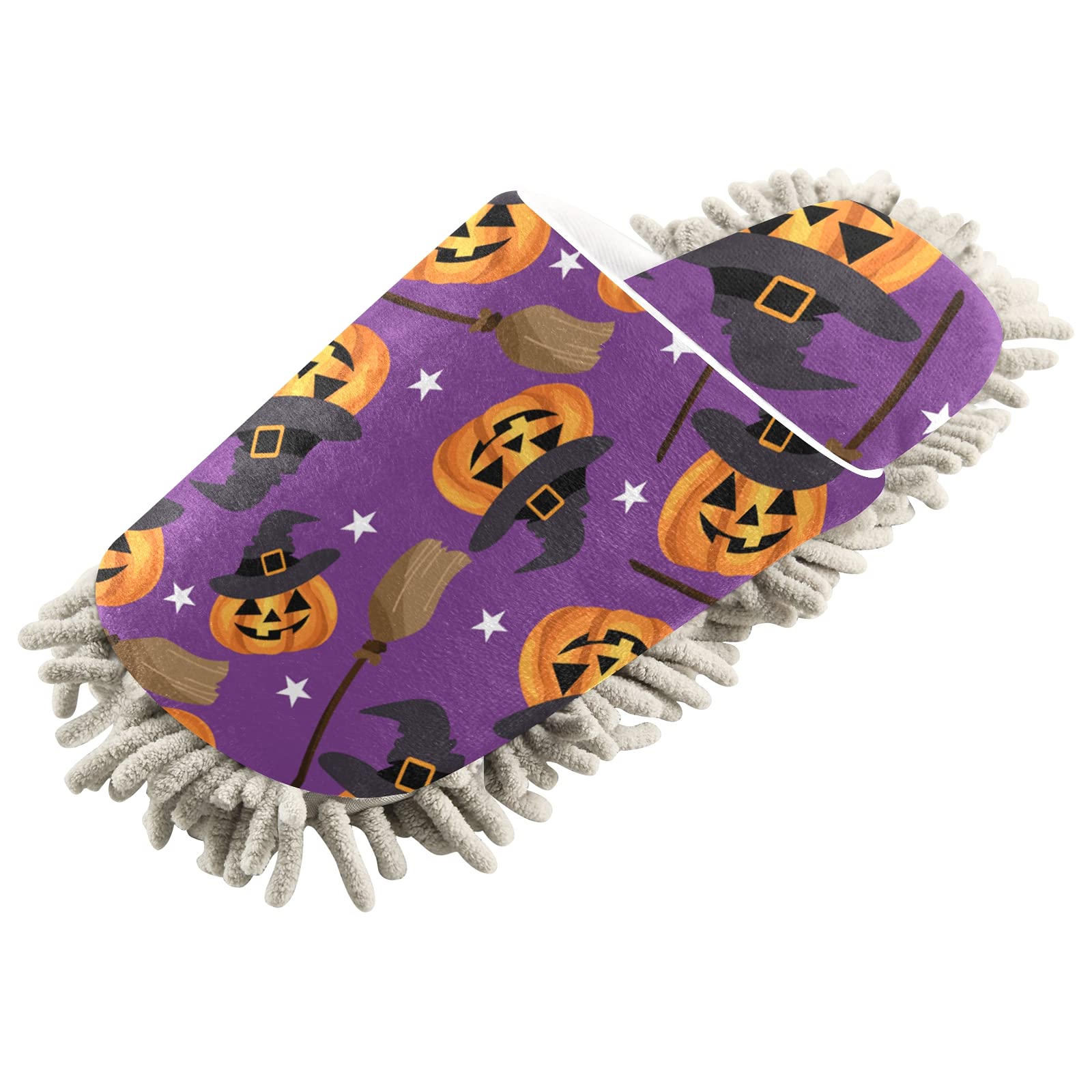 Halloween Pumpkin Mop Slippers - Witch Hat & Stars Design - Soft House Cleaning Shoes for Dusting & Spa - Unisex Home Slippers for Men & Women - Perfect for Halloween Parties, Home Cleaning & Relaxation