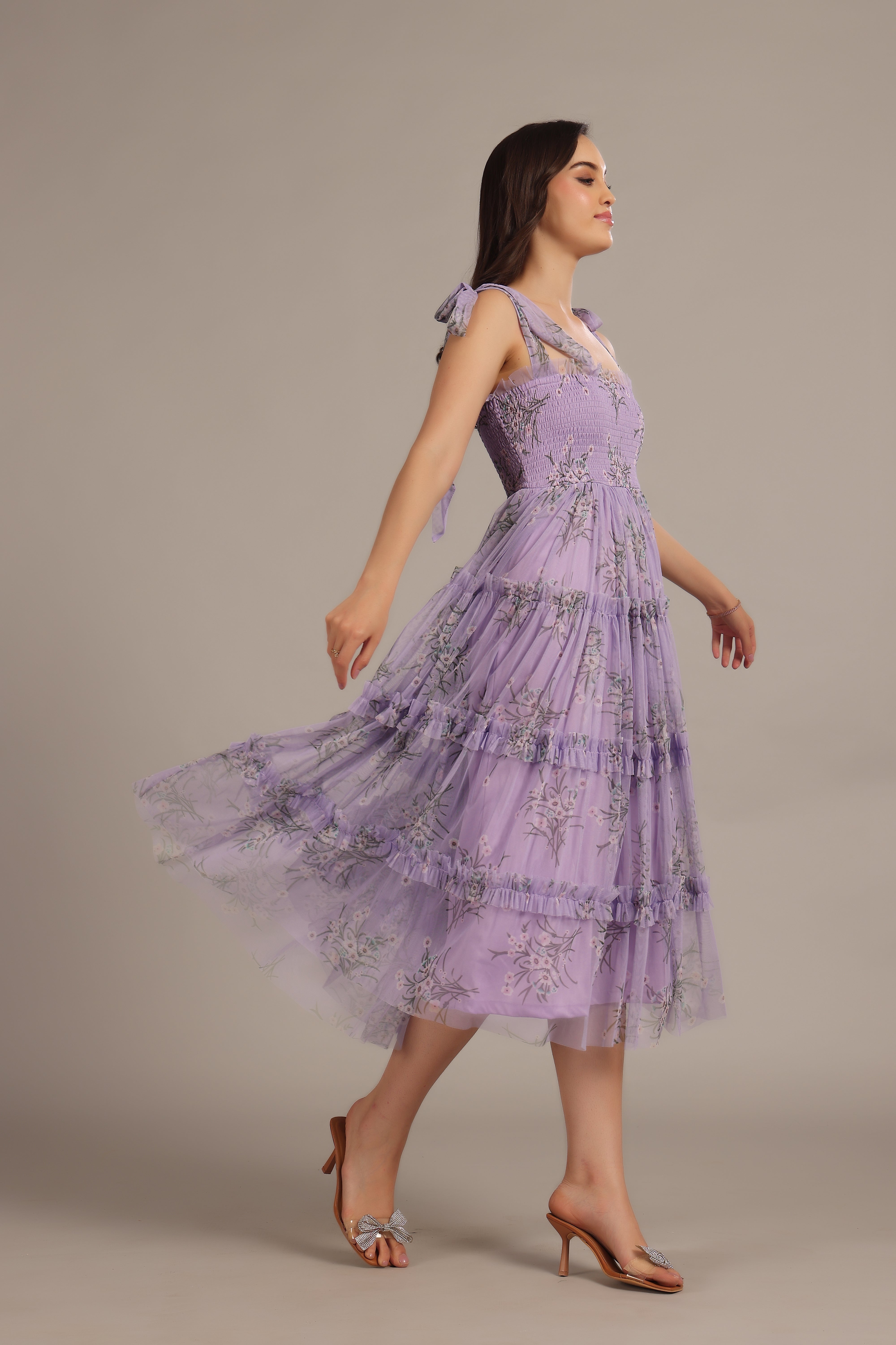 Louise Midi Dress in Lilac Floral Print - Elegant Flowy Summer Dress for Women | Perfect for Weddings, Parties & Date Nights